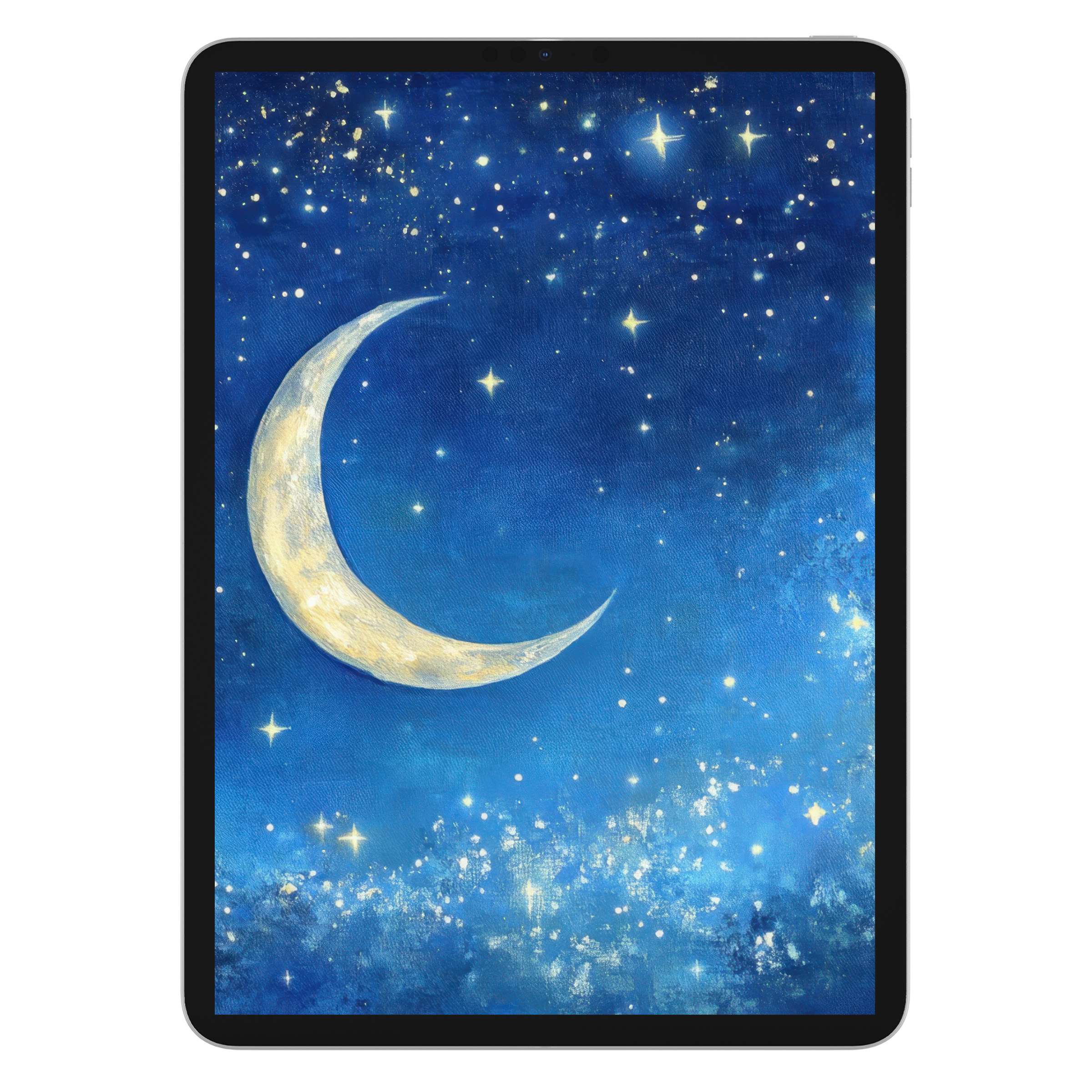 Crescent moon and stars in a deep blue sky create a serene nursery iPad wallpaper, perfect digital download for tablet background