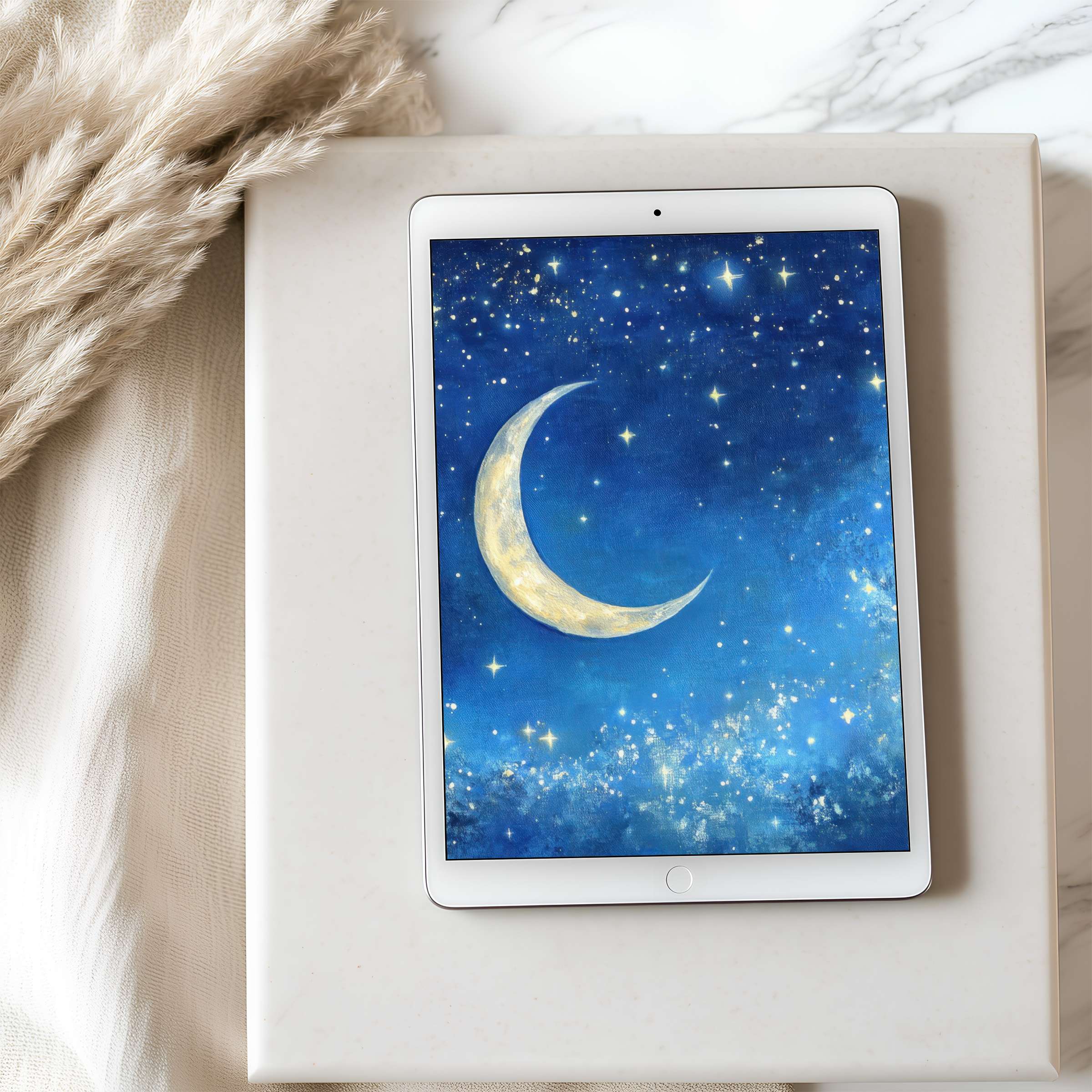 Dreamy crescent moon and star-filled night sky tablet wallpaper in high resolution, perfect for iPad and Android, digital download