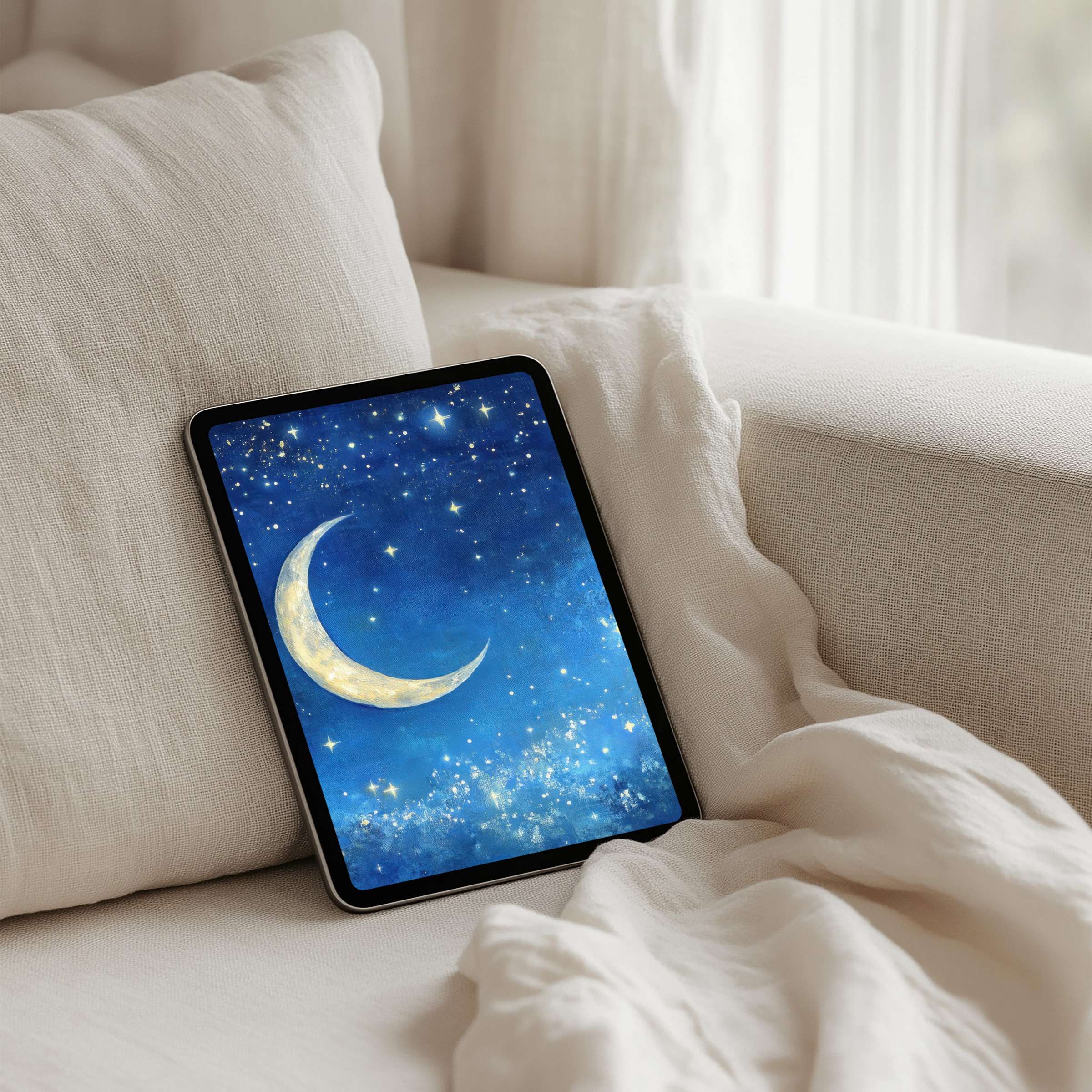Serene night sky with crescent moon digital art for iPad background provides instant download for tablet users seeking inspiration