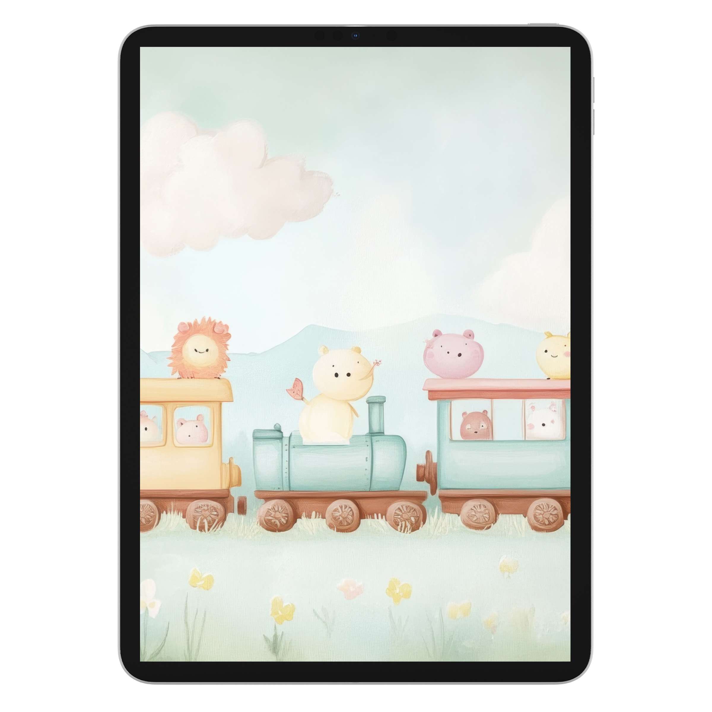 Whimsical nursery iPad wallpaper featuring a pastel train with animals, offering an inspiring digital download background for any tablet