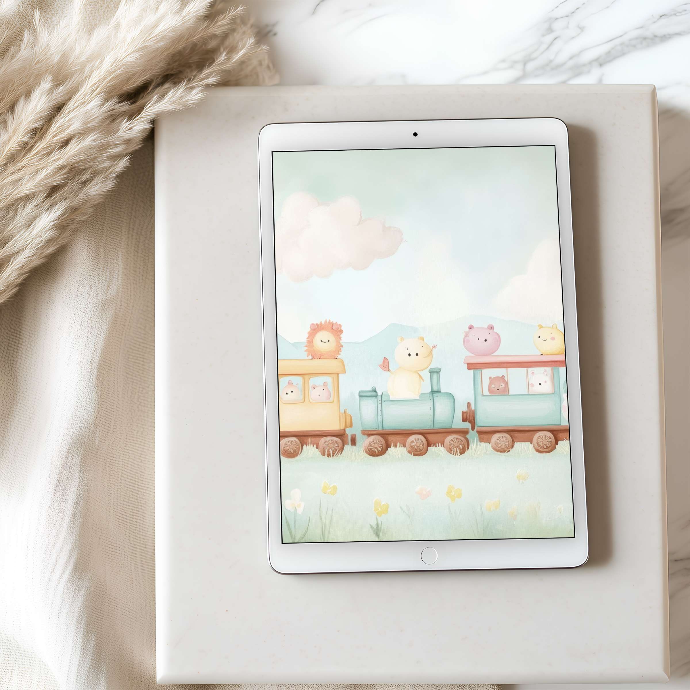 Charming pastel animals on a train create an elegant tablet wallpaper perfect for high resolution downloads on iPad tablets