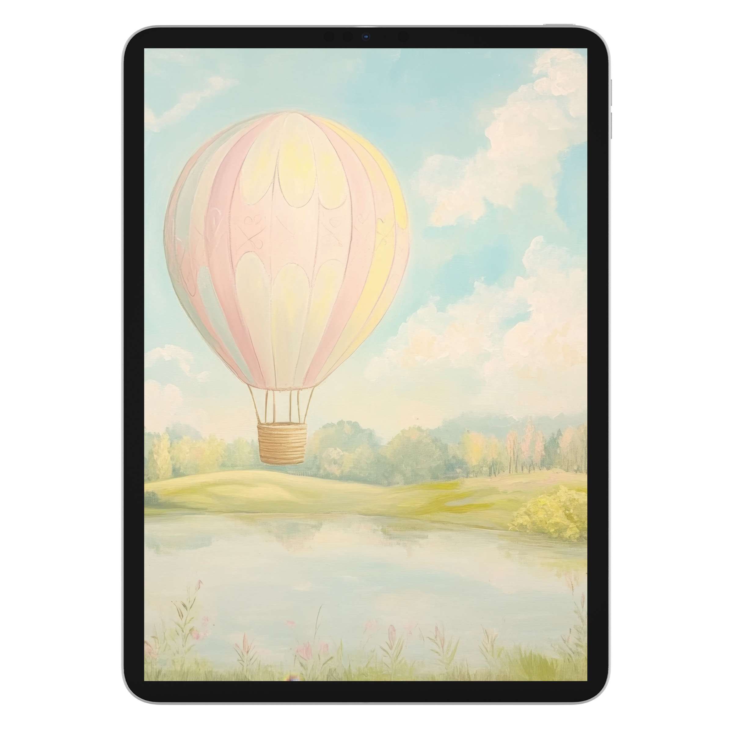 Elegant nursery iPad wallpaper featuring a serene hot air balloon over a pastel landscape for tablet background digital download