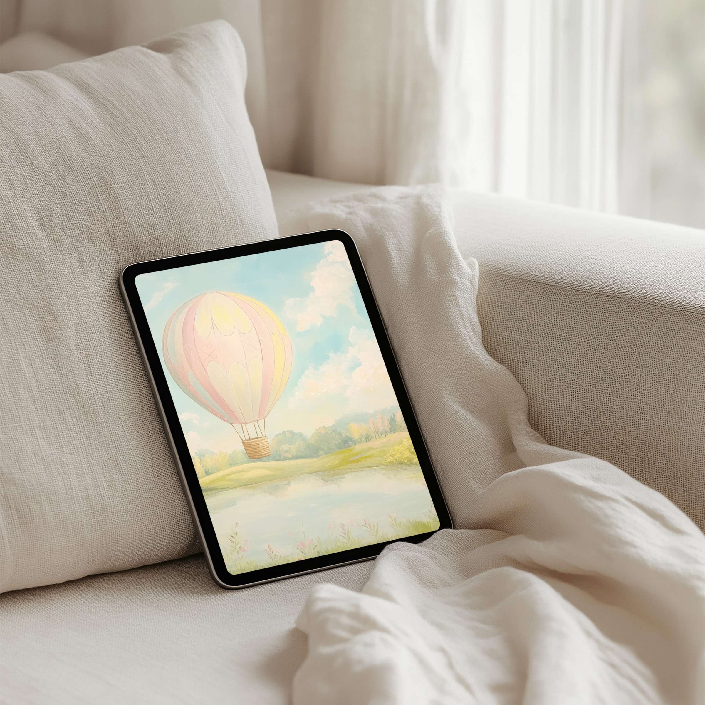 Serene pastel hot air balloon iPad background available for instant download fits any tablet inspires calm elegance mindfulness