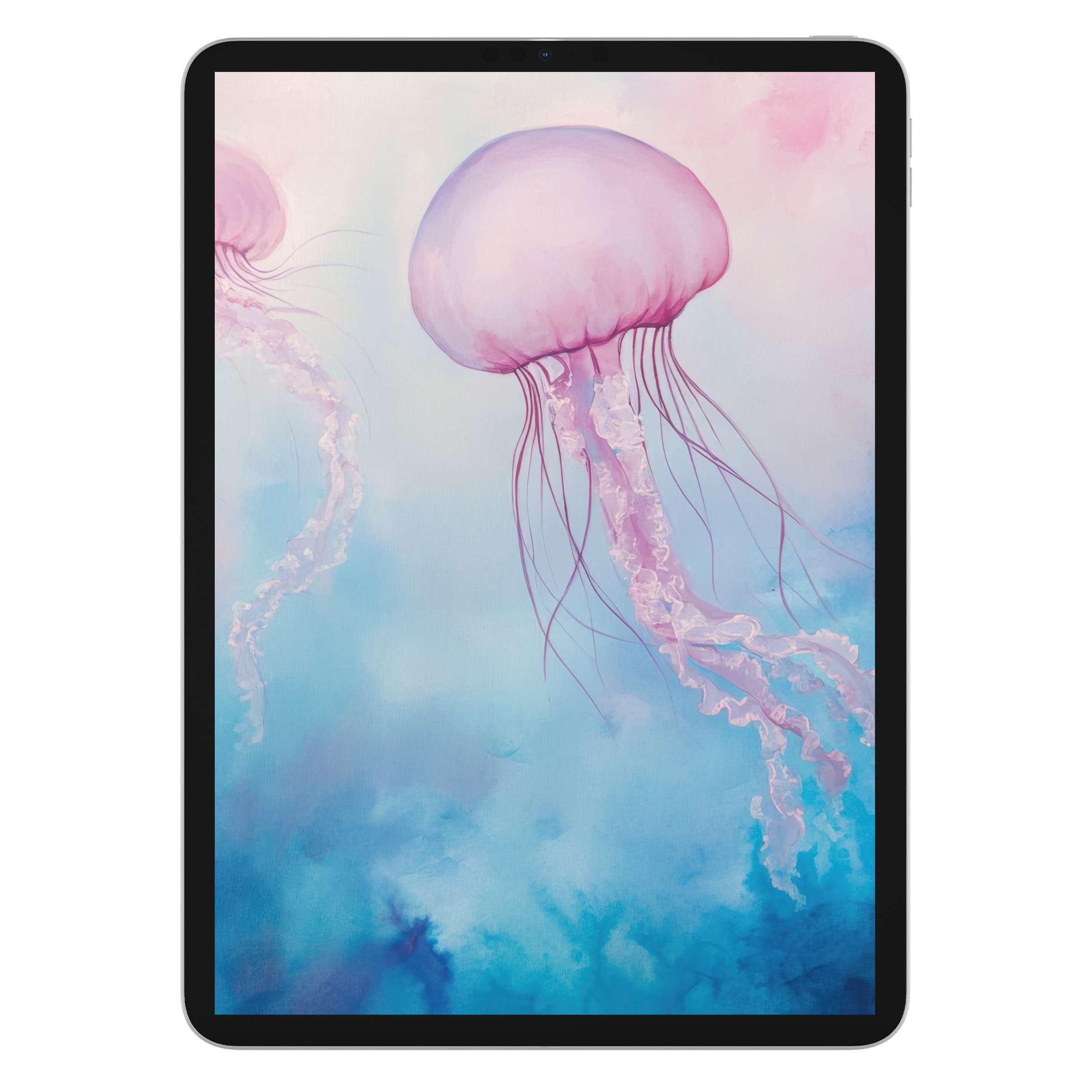 Elegant jellyfish painting in soft pink and blue creates a calming nursery iPad wallpaper background suitable for any tablet digital download