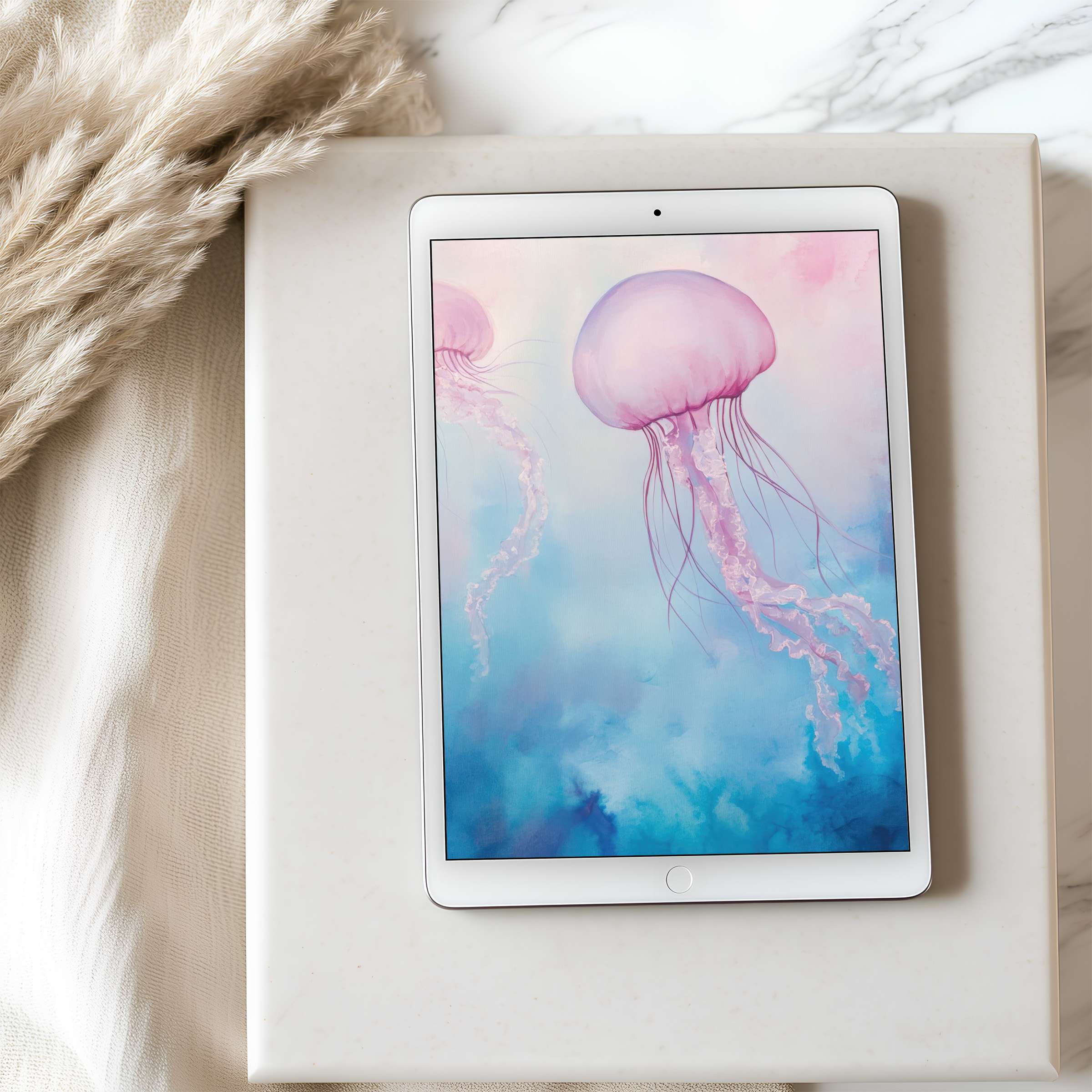 Elegant pink jellyfish art on high resolution tablet wallpaper evokes serenity, perfect for iPad or Android tablets, digital download