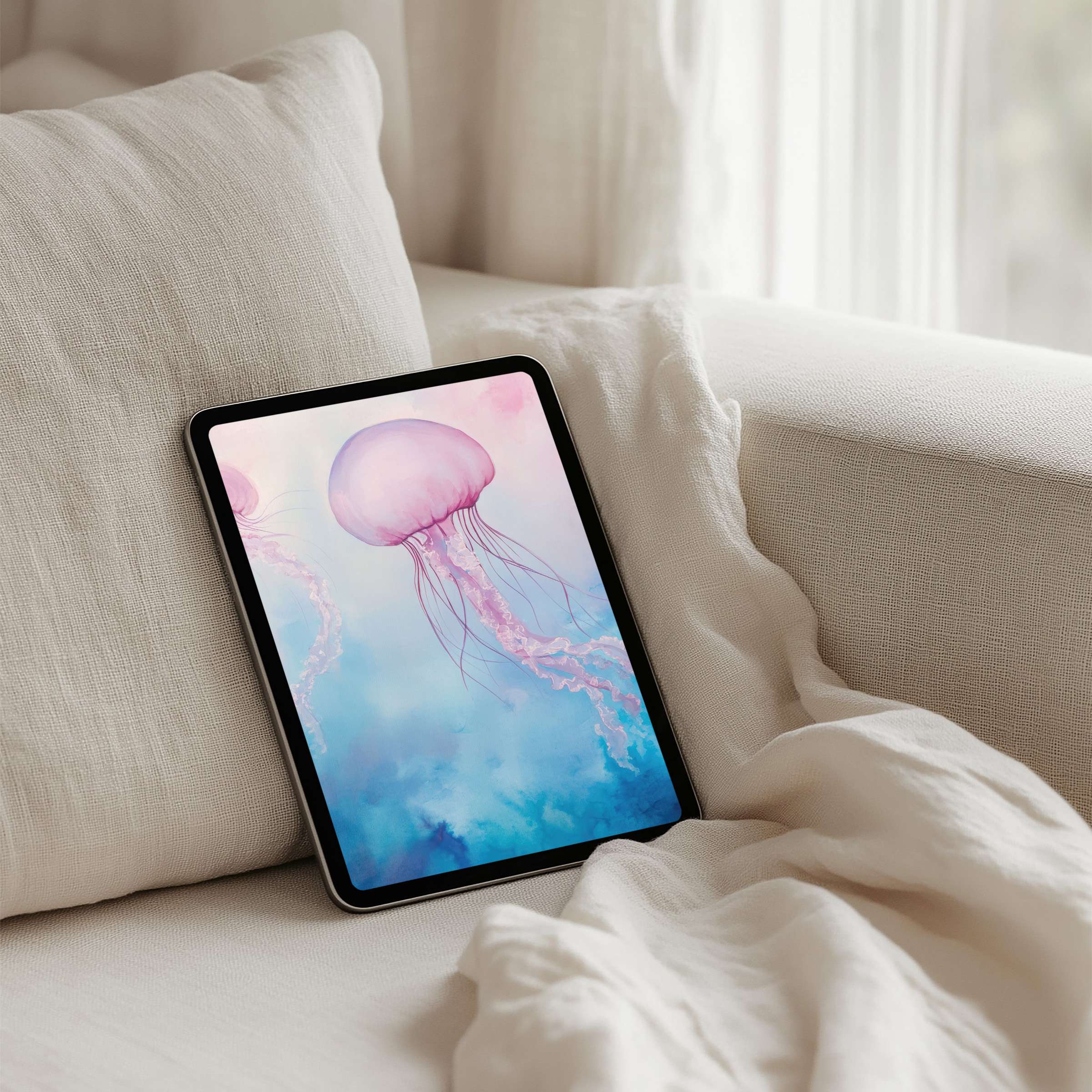 Elegant jellyfish iPad background in soothing pastels offers instant download for tablets, inspiring calm and mindfulness in design-conscious spaces