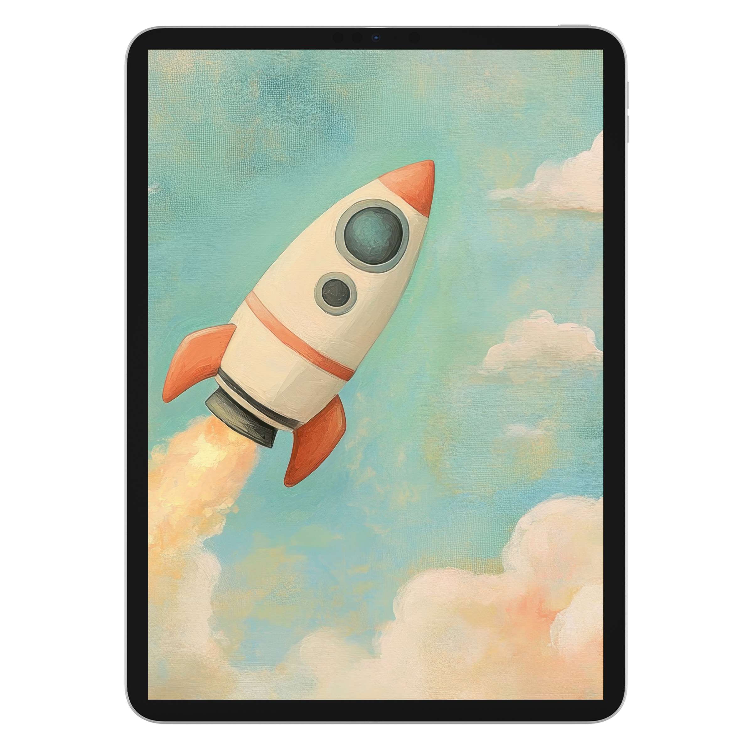 Soothing pastel rocket artwork creates an inspiring nursery iPad wallpaper background digital download for tablets and mobile devices