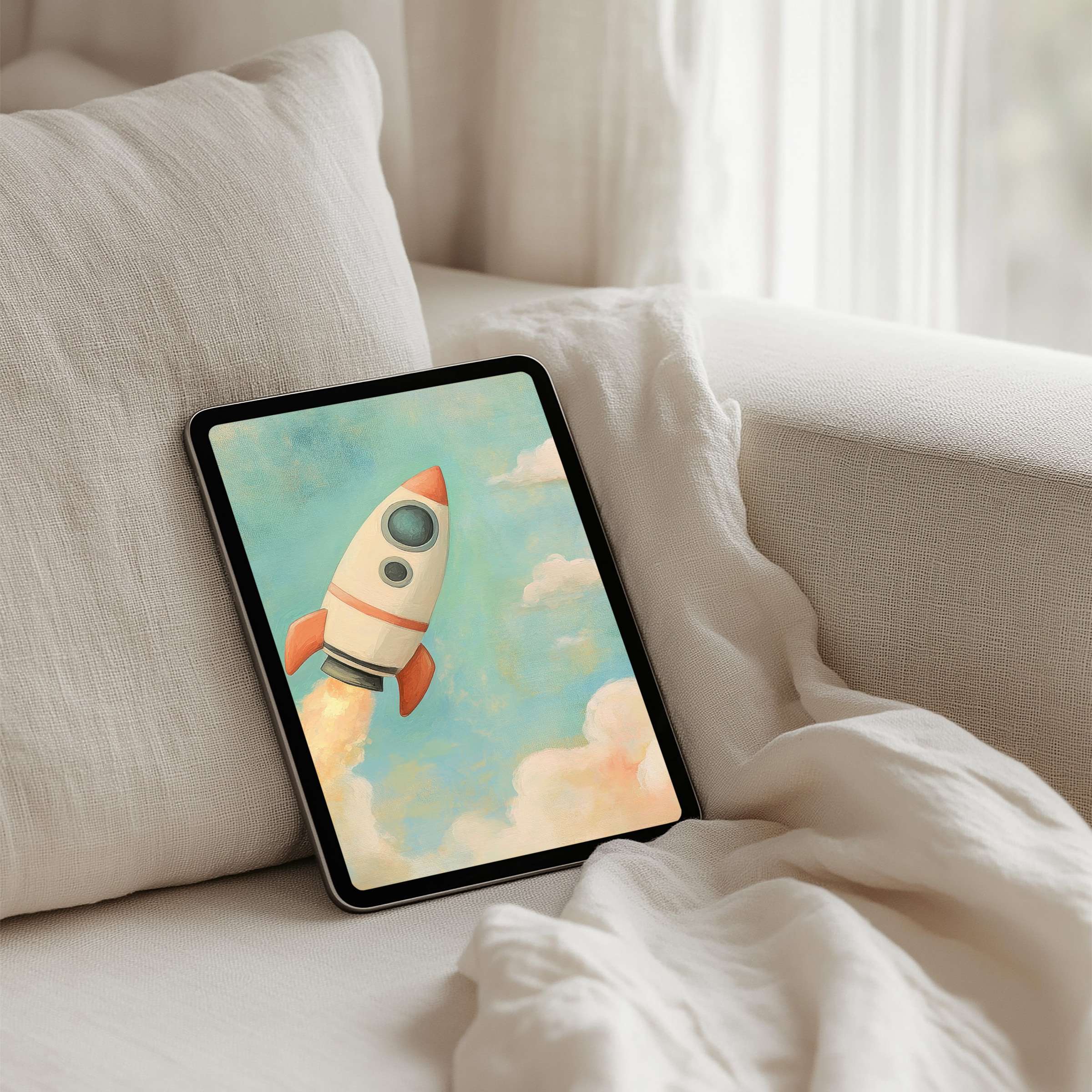 Vintage rocket art iPad background evokes calm inspiration for tablets Instant download offers elegance and mindful design bliss