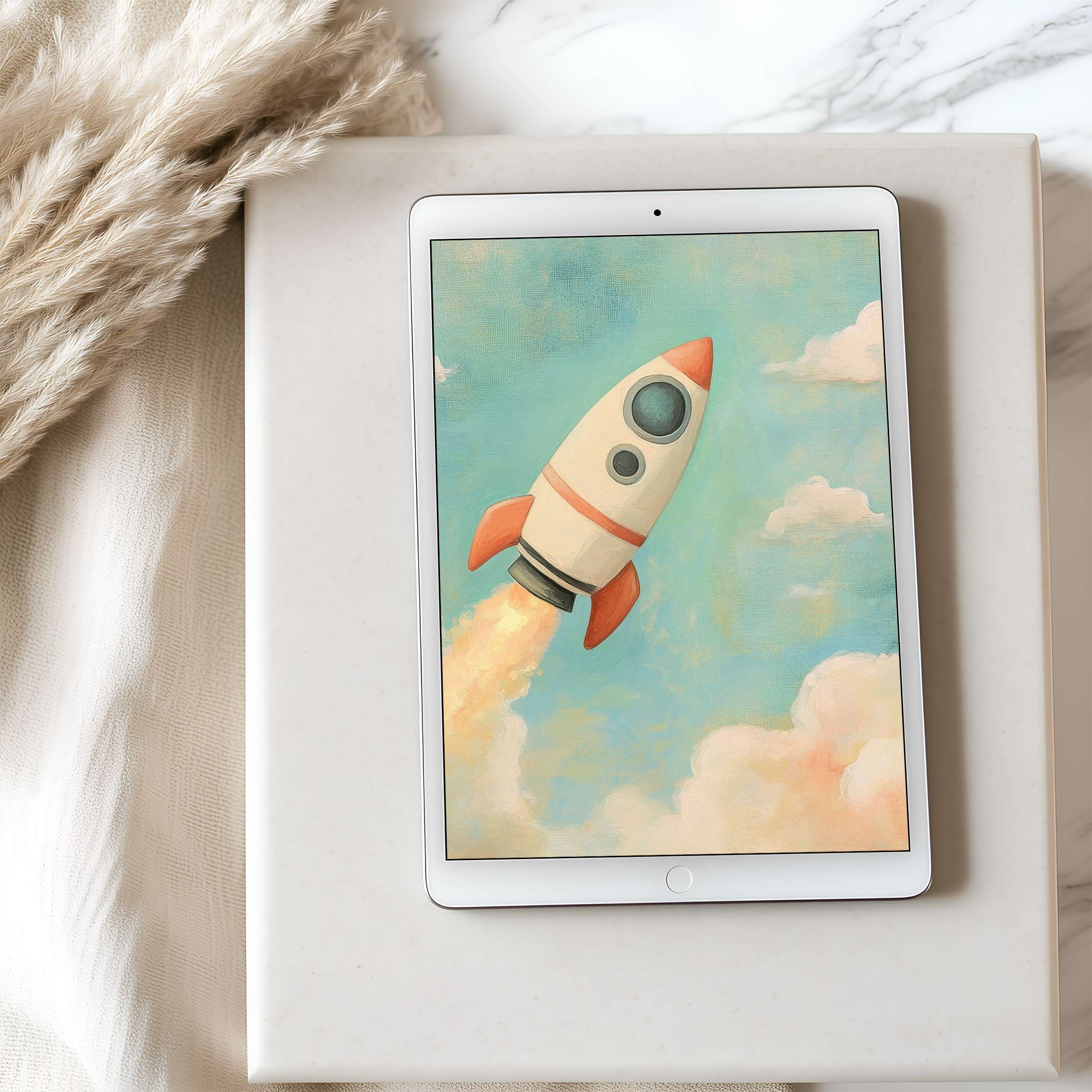 Vintage rocket soaring in dreamy pastel skies tablet wallpaper exudes calm high resolution for digital download on iPad and Android