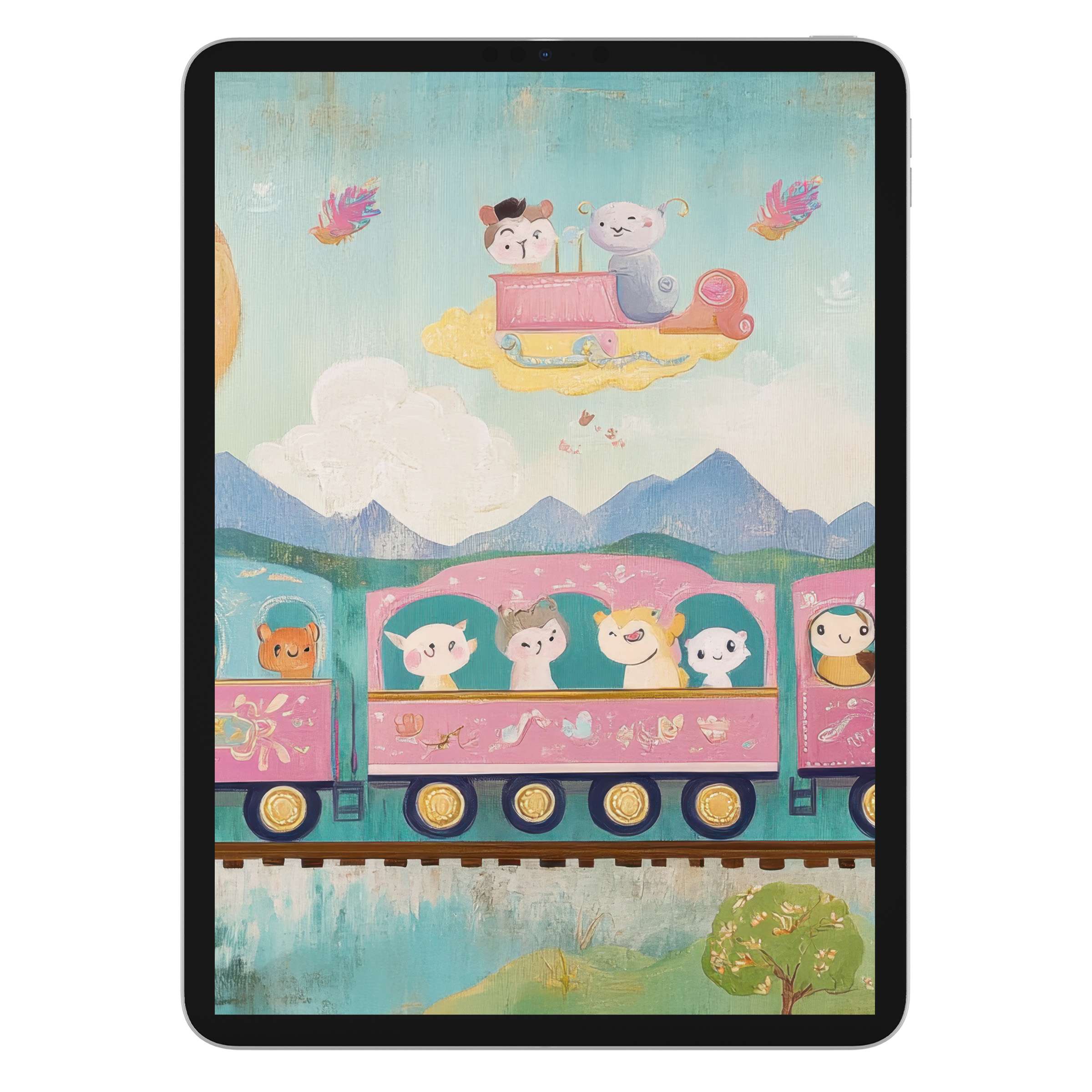 Charming nursery iPad wallpaper with pastel train and animals offers a serene digital download background for tablets inspiring harmony