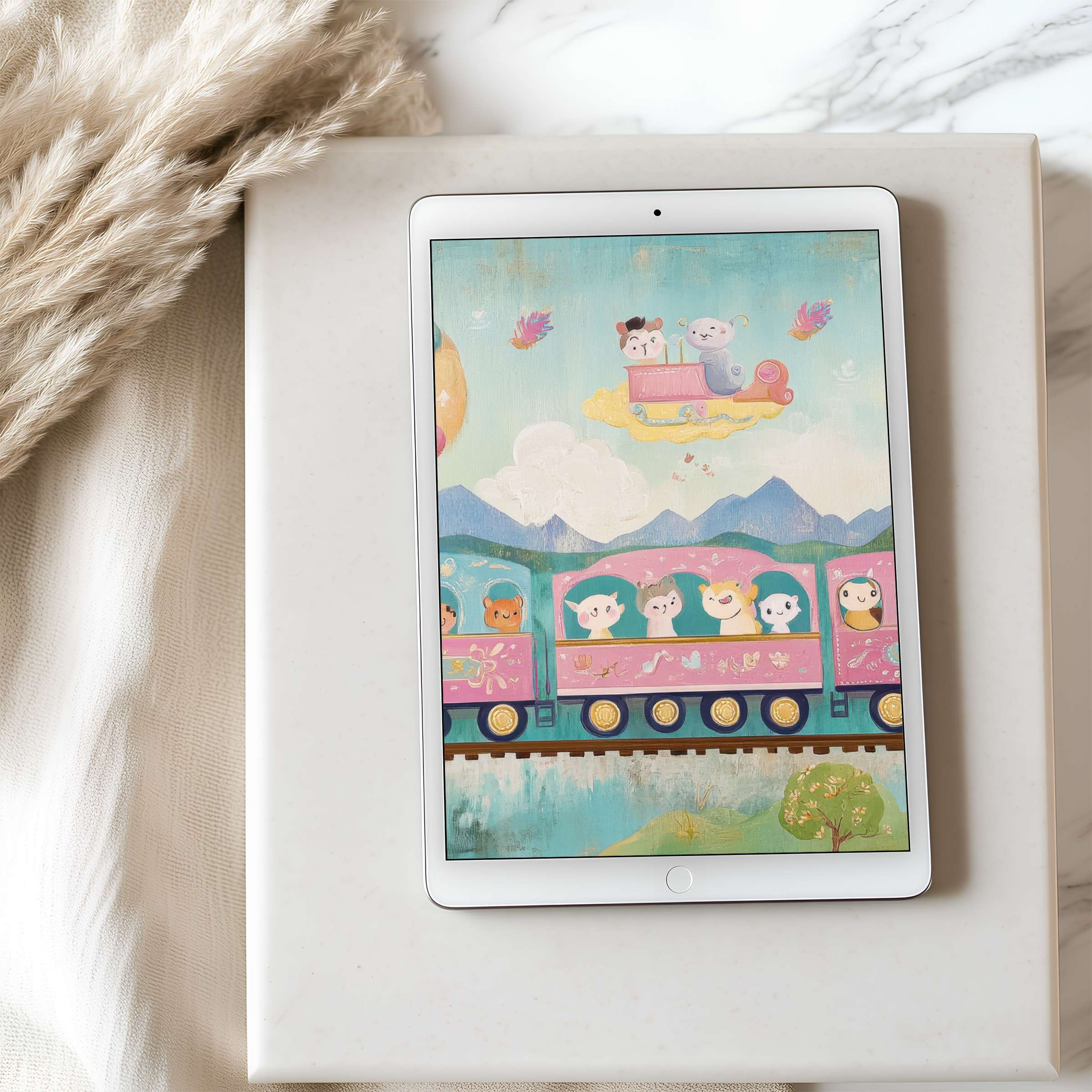 Whimsical pastel tablet wallpaper depicting playful animals on a train, perfect for iPad and Android tablets, digital download