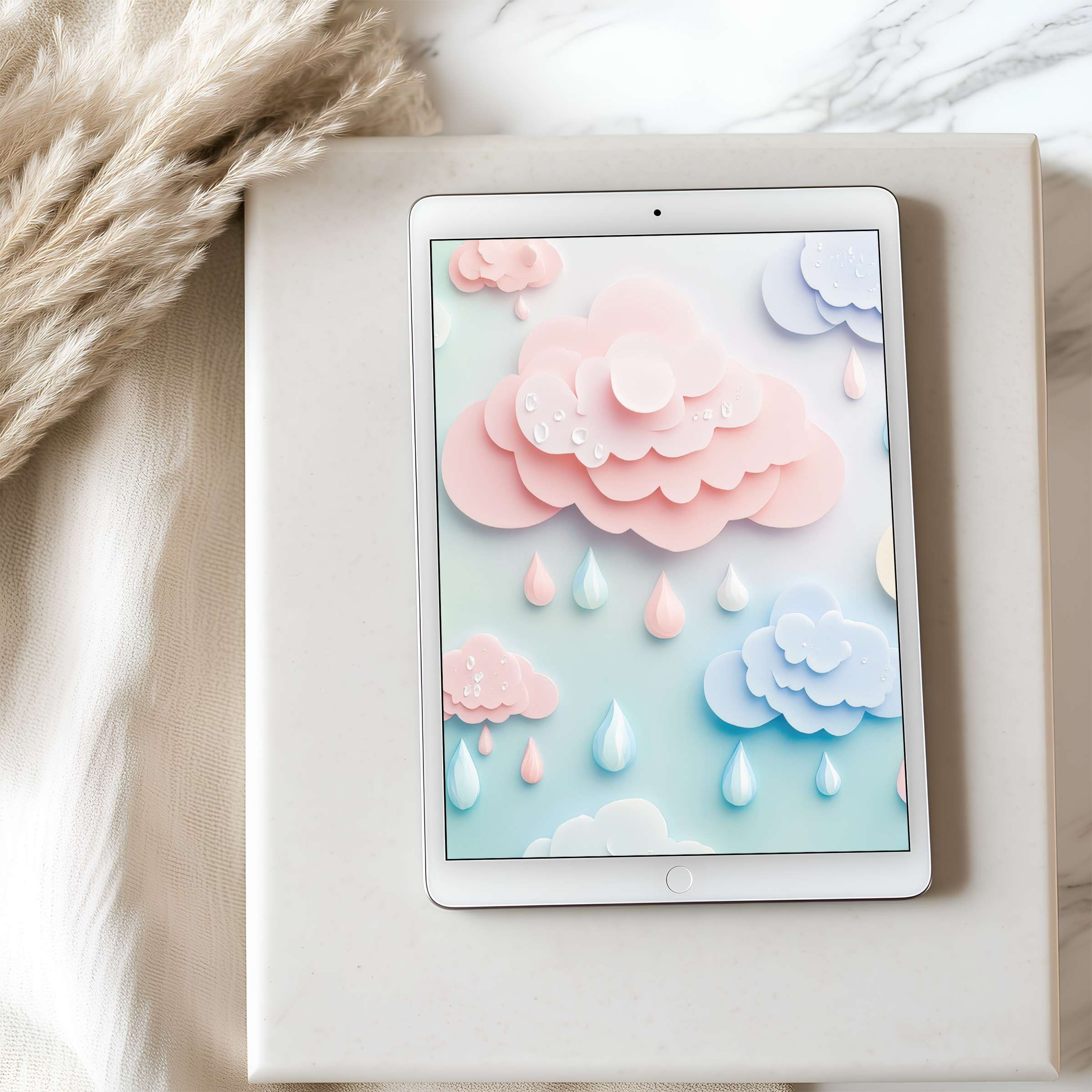 Elegant pastel cloud motif tablet wallpaper in high resolution offers serene aesthetics for iPad or Android, perfect digital download