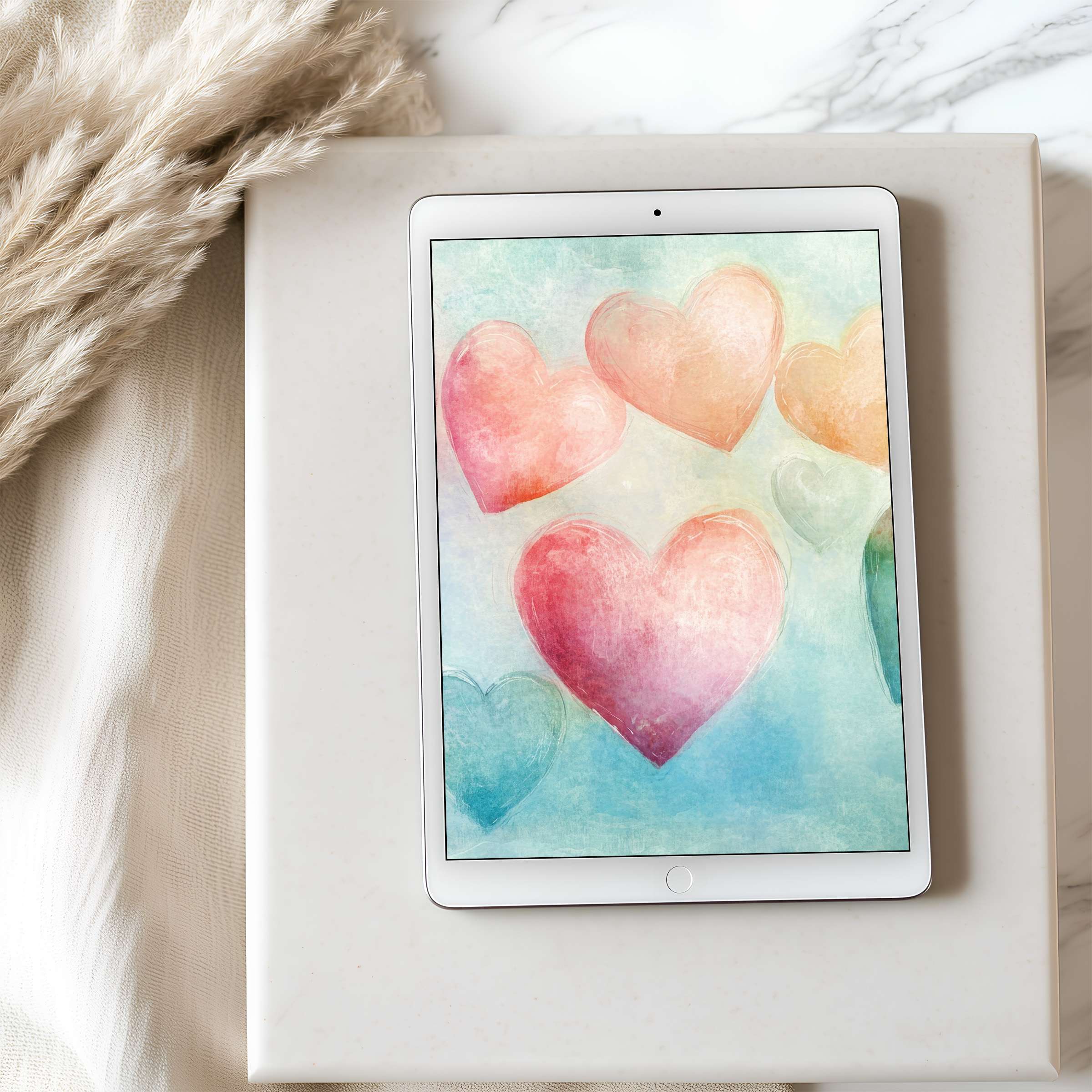 Elegant heart-themed tablet wallpaper in soothing pastels offers inspiration and calm, perfect for high-resolution iPad or Android download