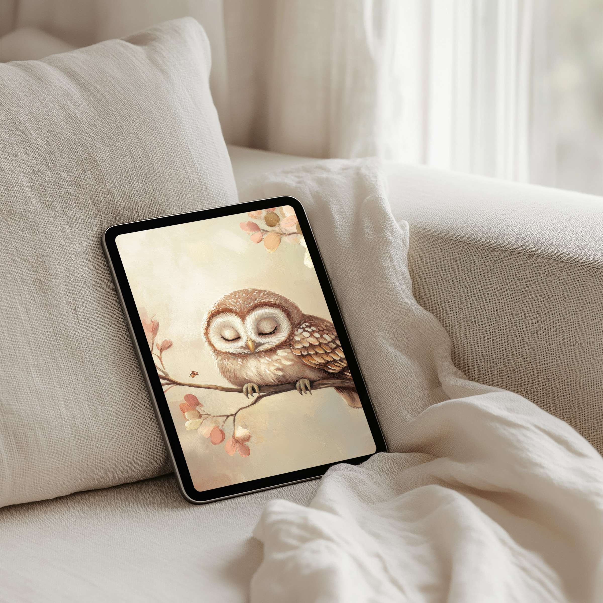 Serene owl art on an iPad background invites mindfulness and elegance, fitting any tablet for instant download and tranquility