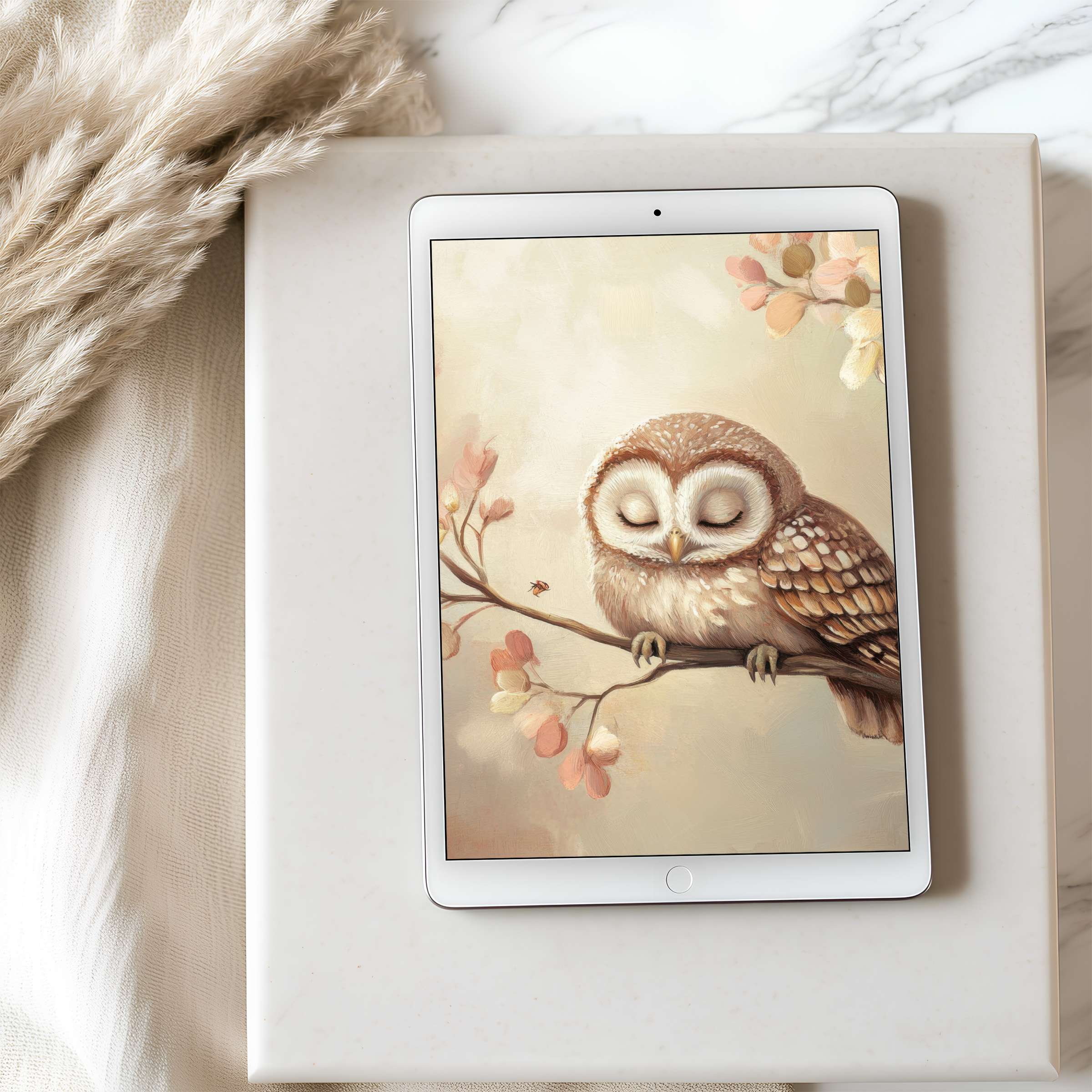 Elegant owl art tablet wallpaper featuring soft pastels and peaceful design perfect for a high resolution iPad digital download