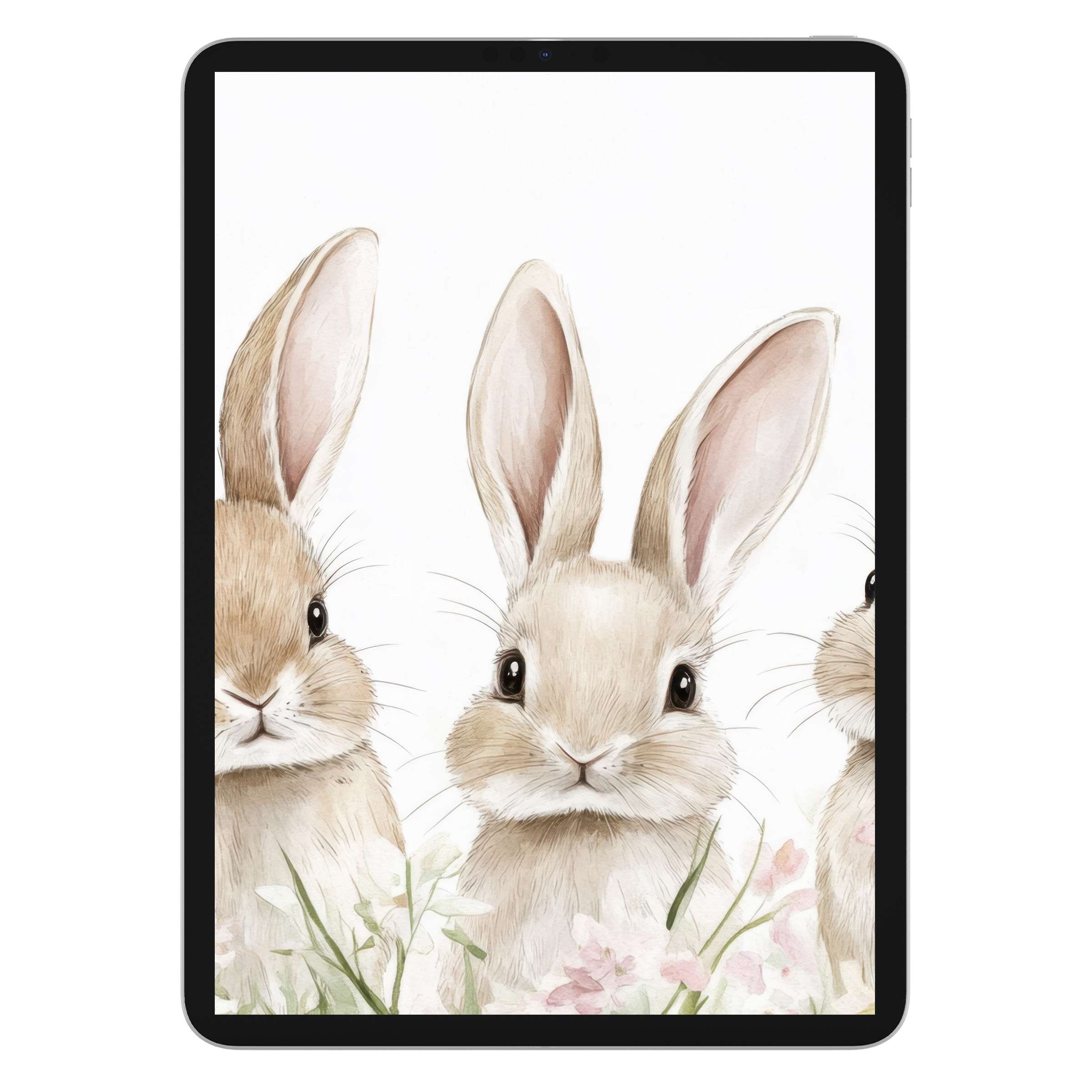 Charming watercolor bunnies and flowers create a soothing nursery iPad wallpaper background digital download for tablets and Android devices