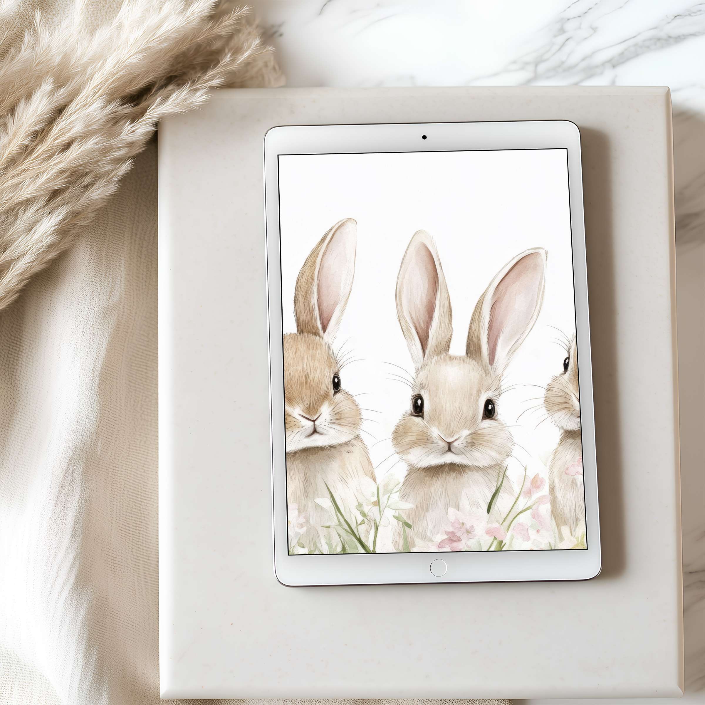 Elegant tablet wallpaper featuring watercolor bunnies among blush flowers, perfect for a calming high resolution digital download