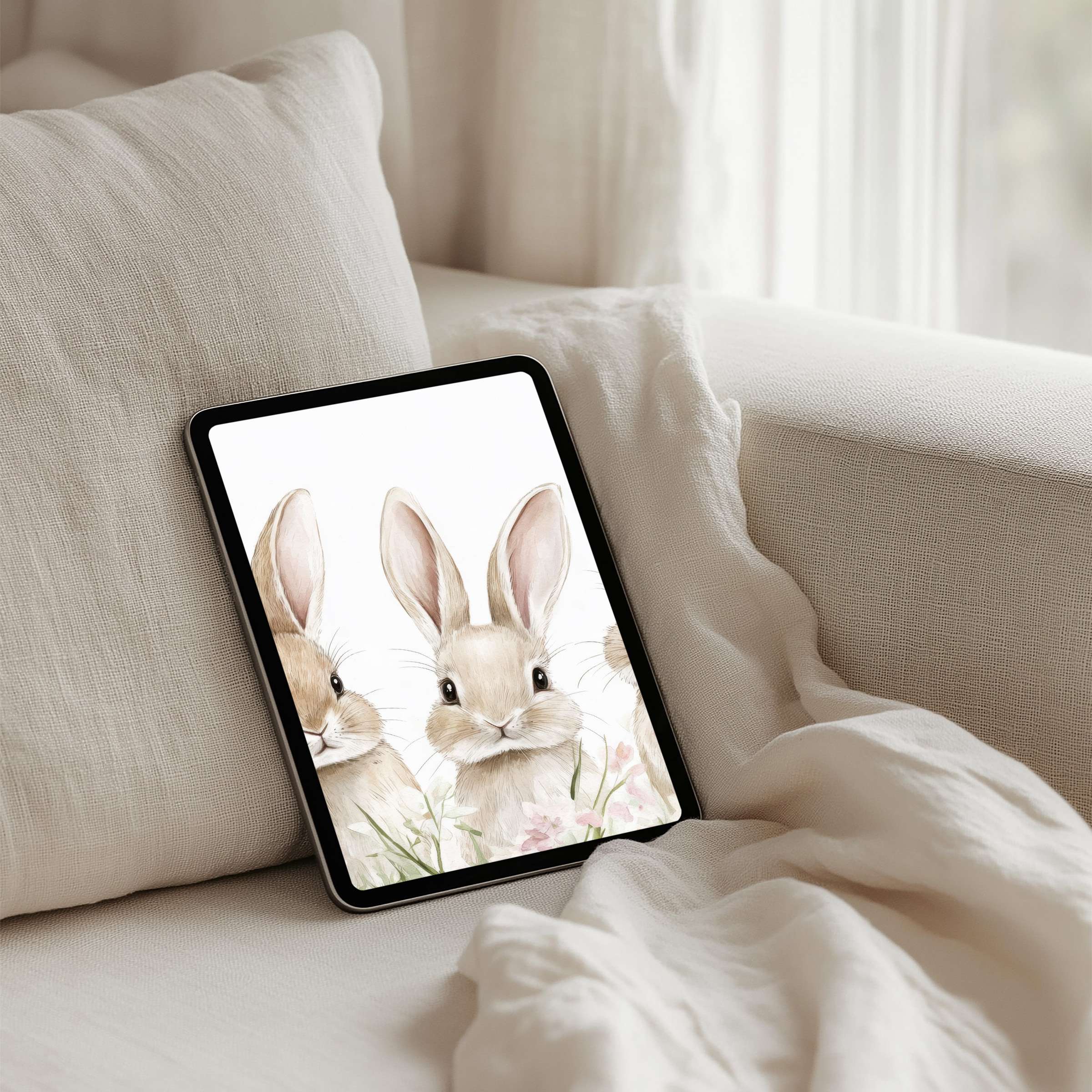 Charming rabbit illustration iPad background offering instant download for tablets inspires calm and elegance with sustainable digital art