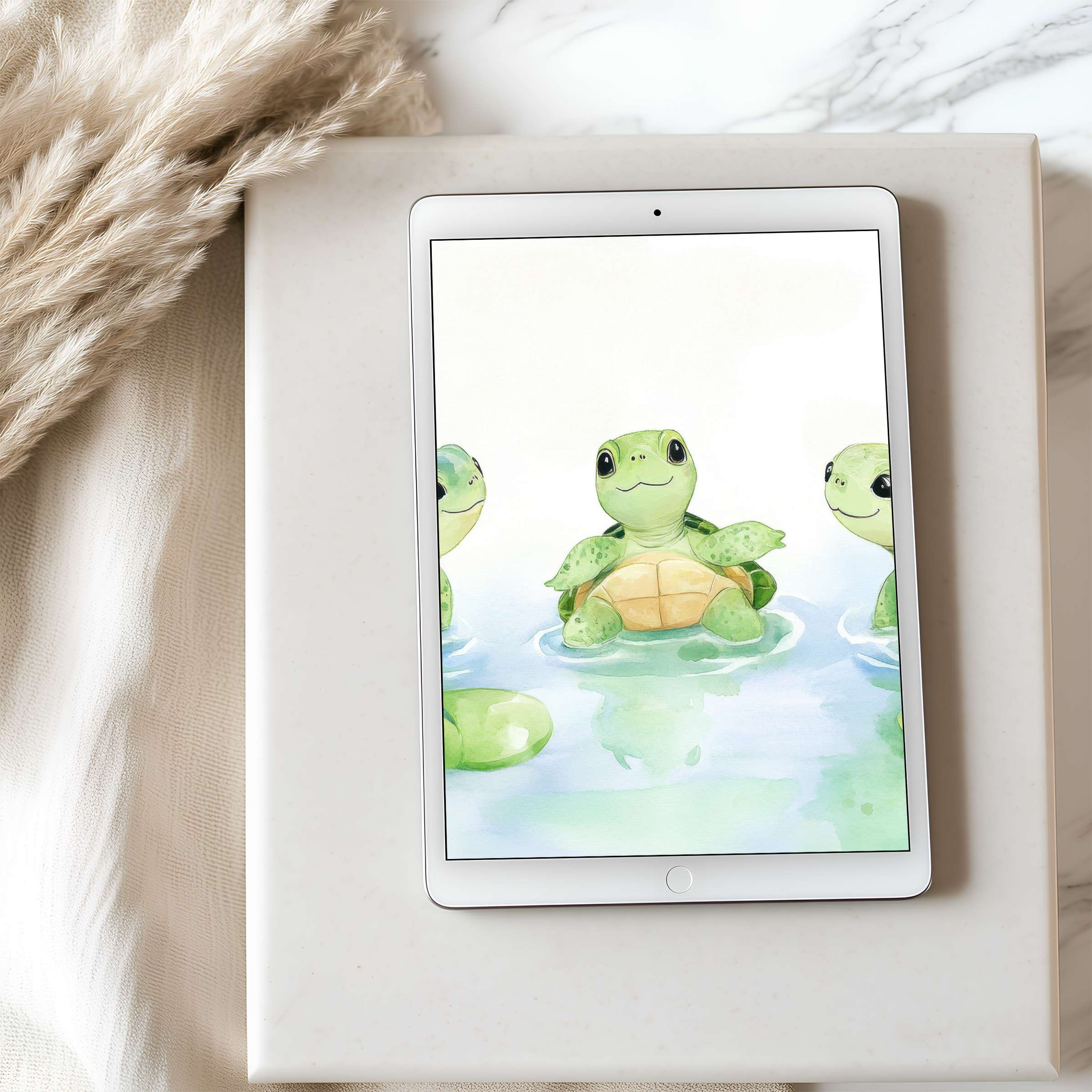 Charming watercolor turtle motif on iPad, perfect tablet wallpaper for serene, high-resolution digital downloads adding calm elegance