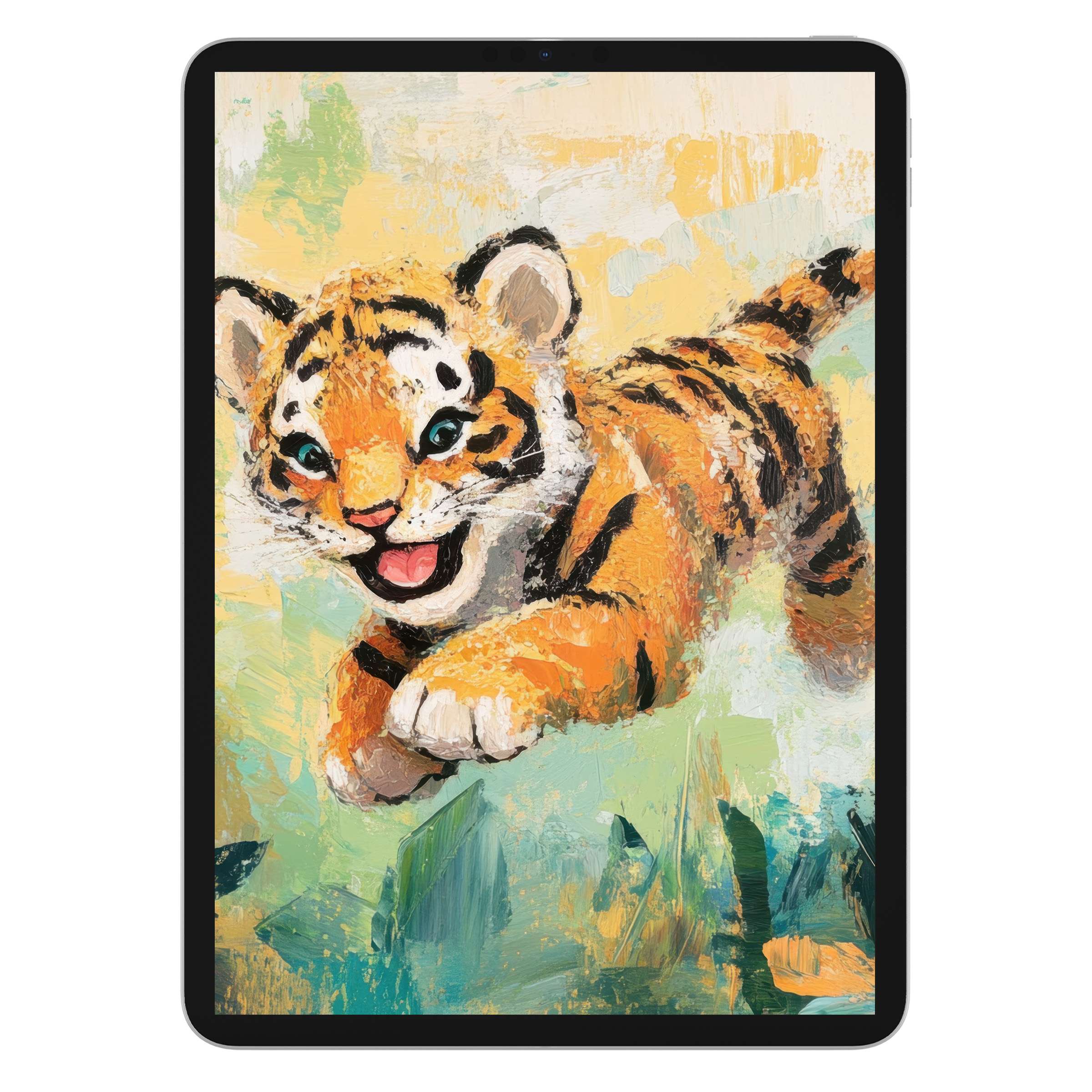 Vibrant tiger cub in a lush abstract setting, perfect nursery iPad wallpaper for tablets, offering playful elegance and digital download