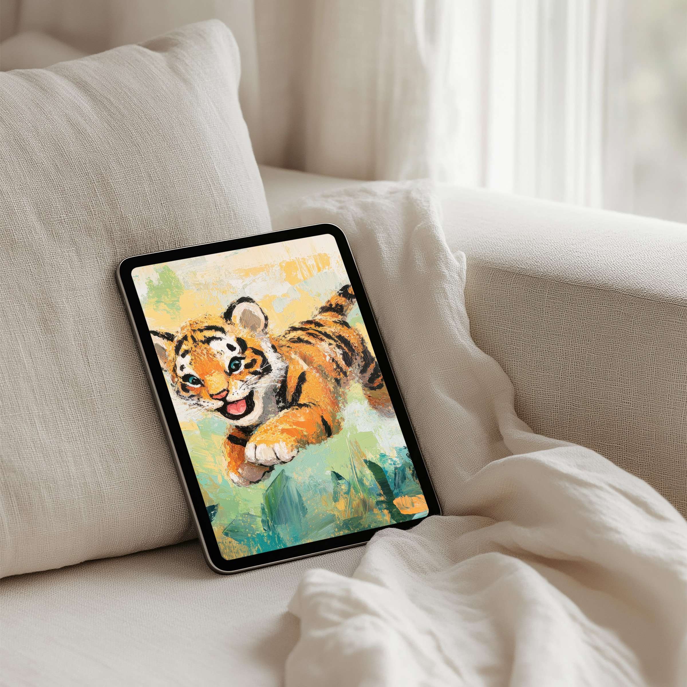 Cheerful tiger painting iPad background brings joy and tranquility to any tablet setting, instant download for elegance and mindfulness