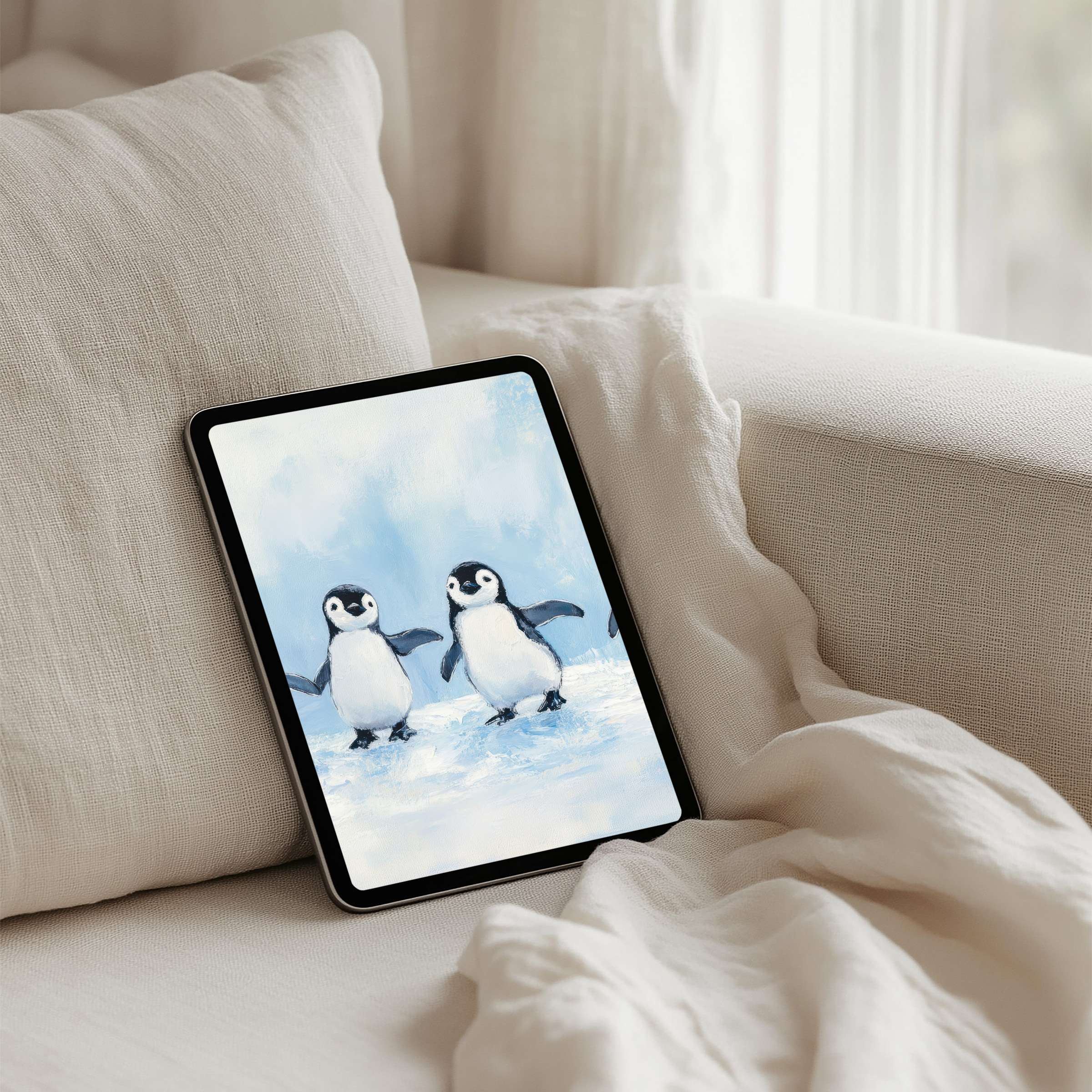 Charming penguins in serene snowy art offer an elegant iPad background for tablets with instant download for mindful inspiration