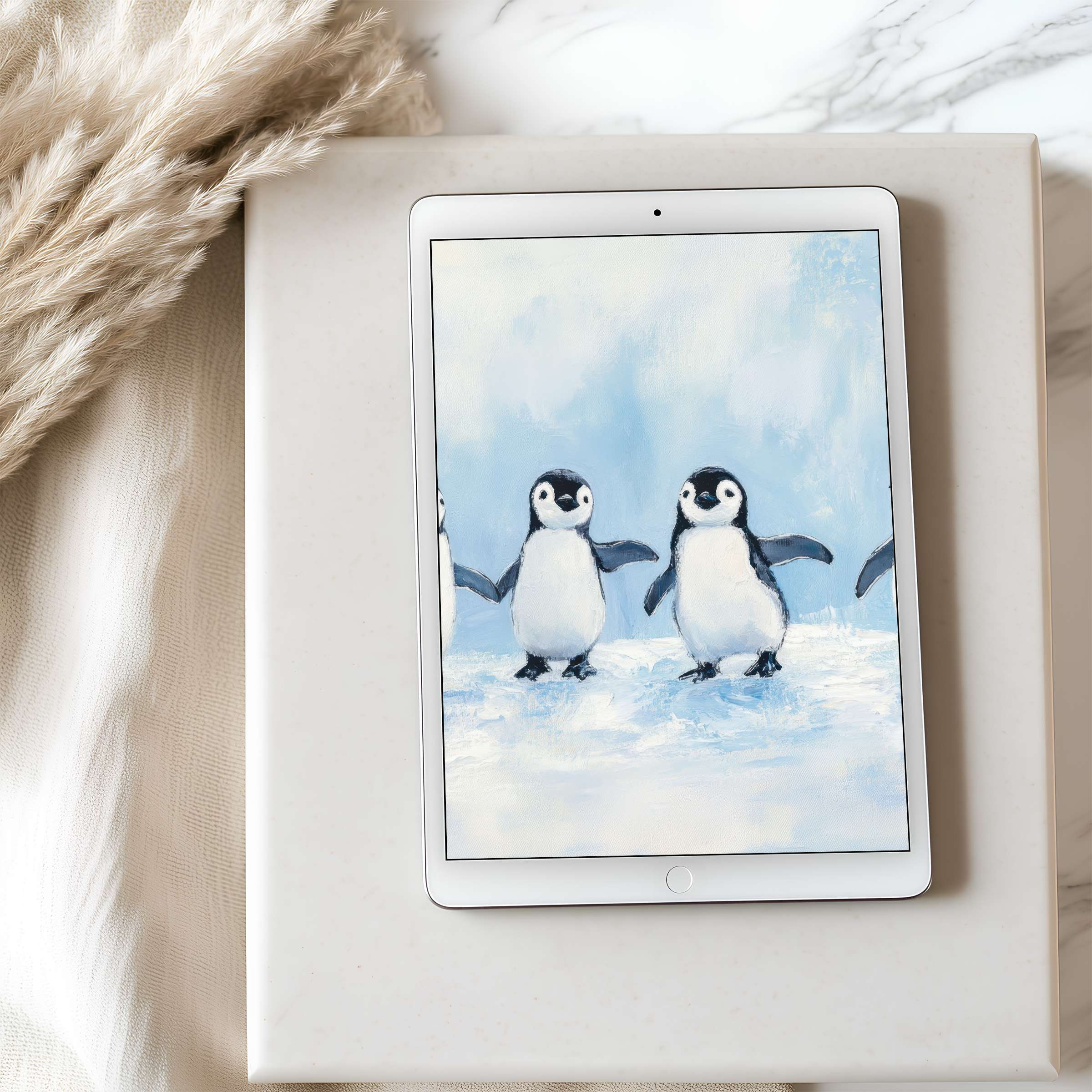 Inspire serene elegance with this high-resolution penguin motif tablet wallpaper suitable for iPad, Android digital downloads, elevate interior calm