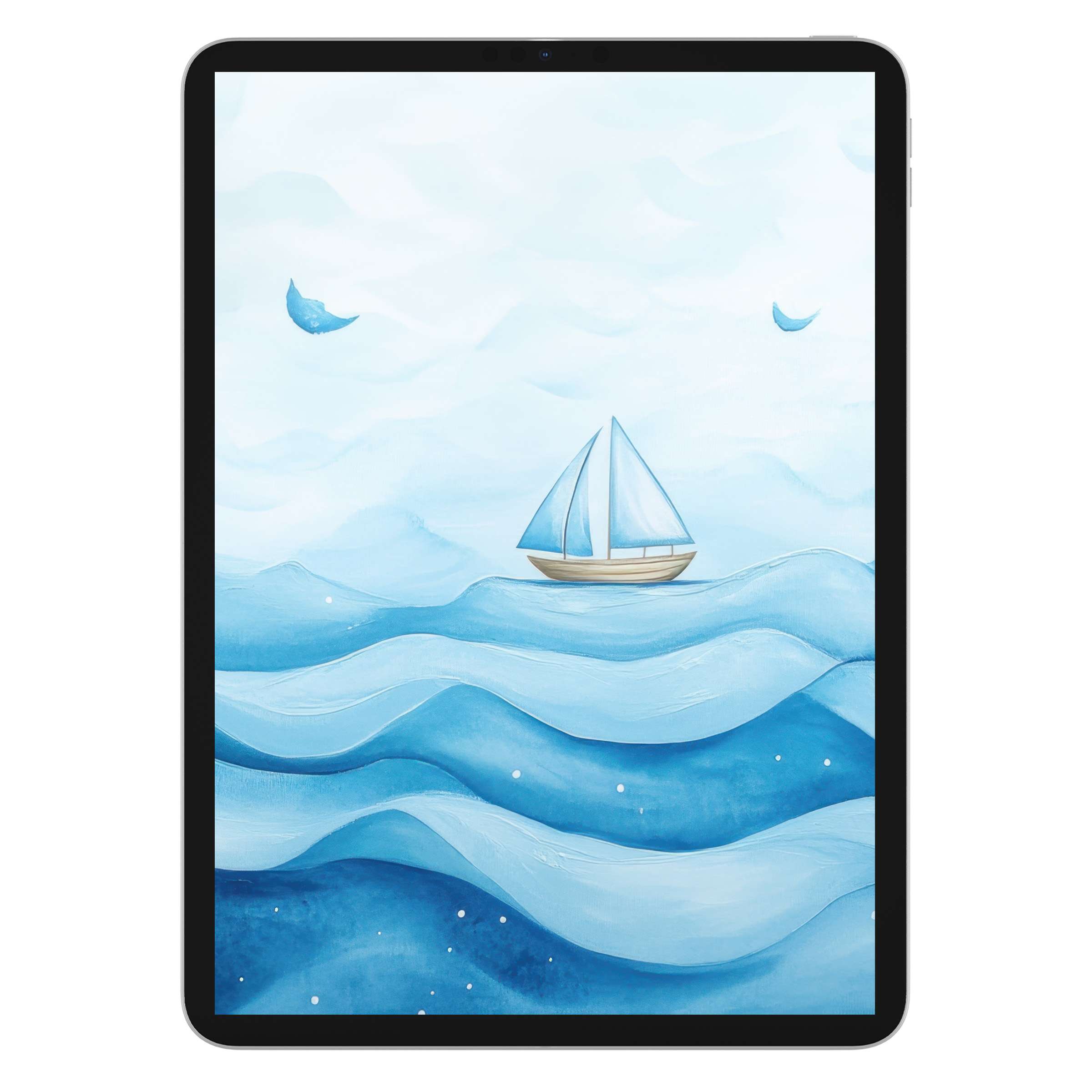 Serene nursery iPad wallpaper featuring a calming blue ocean and sailboat, ideal tablet background, digital download for tranquility