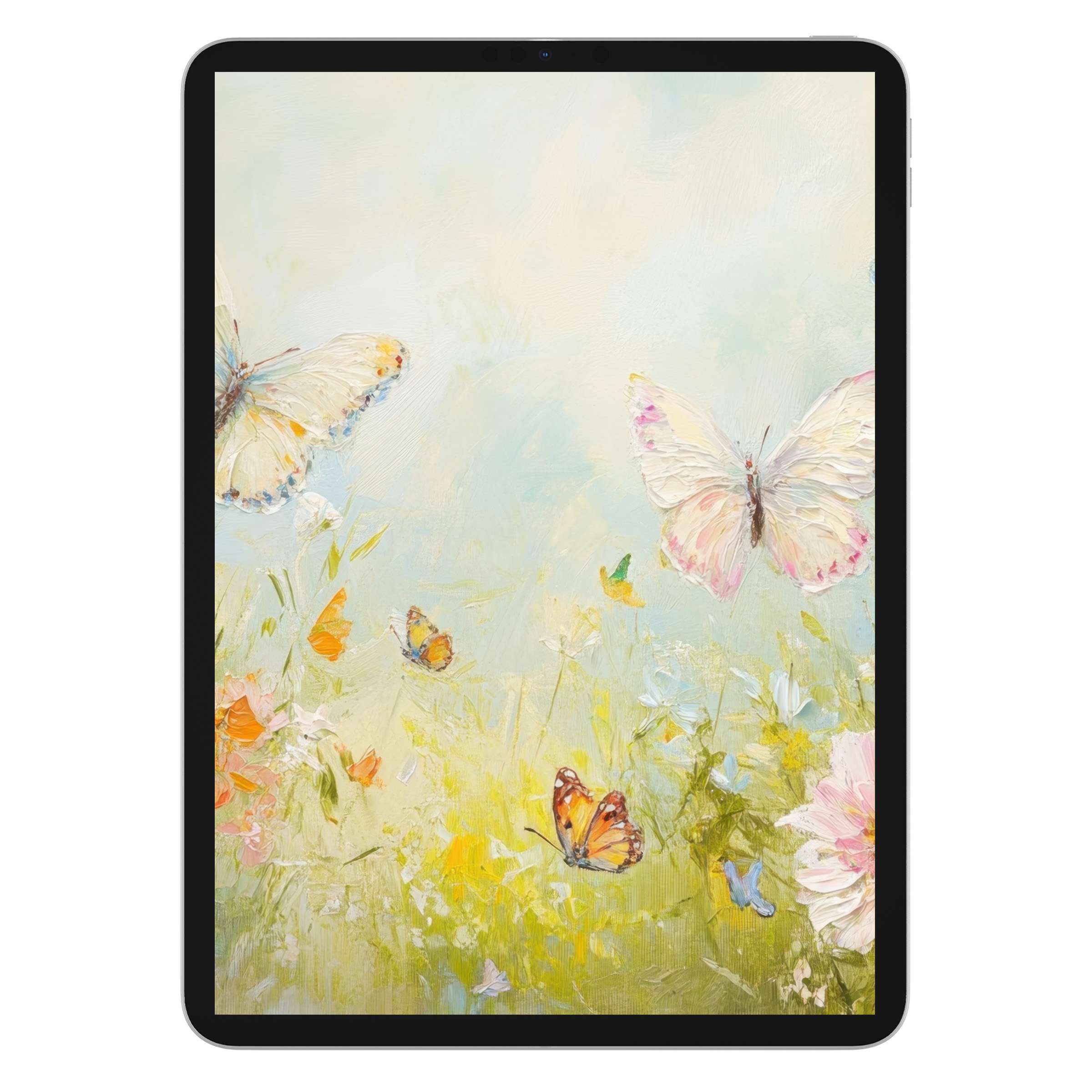 Elegant butterfly meadow in soft pastels as nursery iPad wallpaper background, perfect for tablet digital download, serene and calming