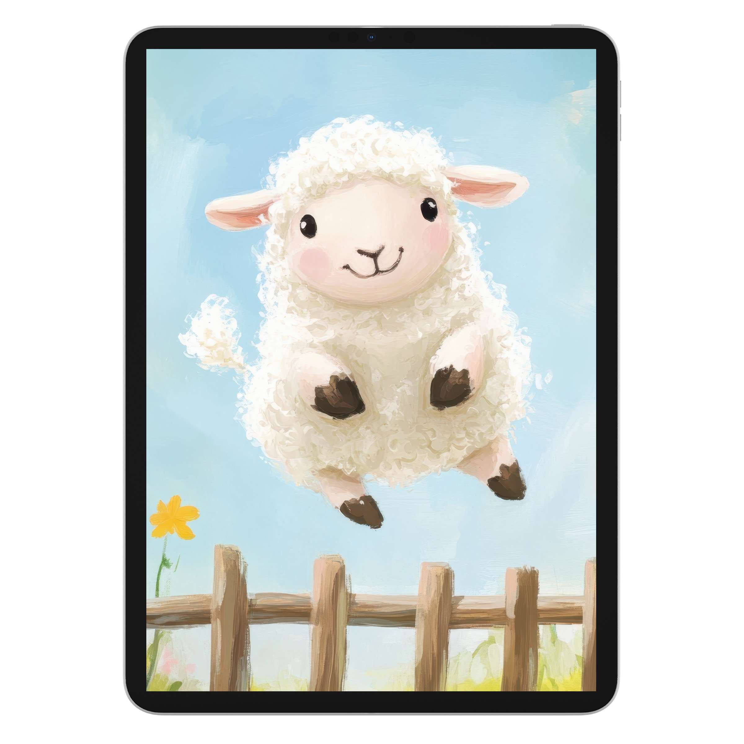 Inspiring nursery iPad wallpaper featuring a fluffy jumping lamb in soft pastels, perfect digital download for a calming tablet background