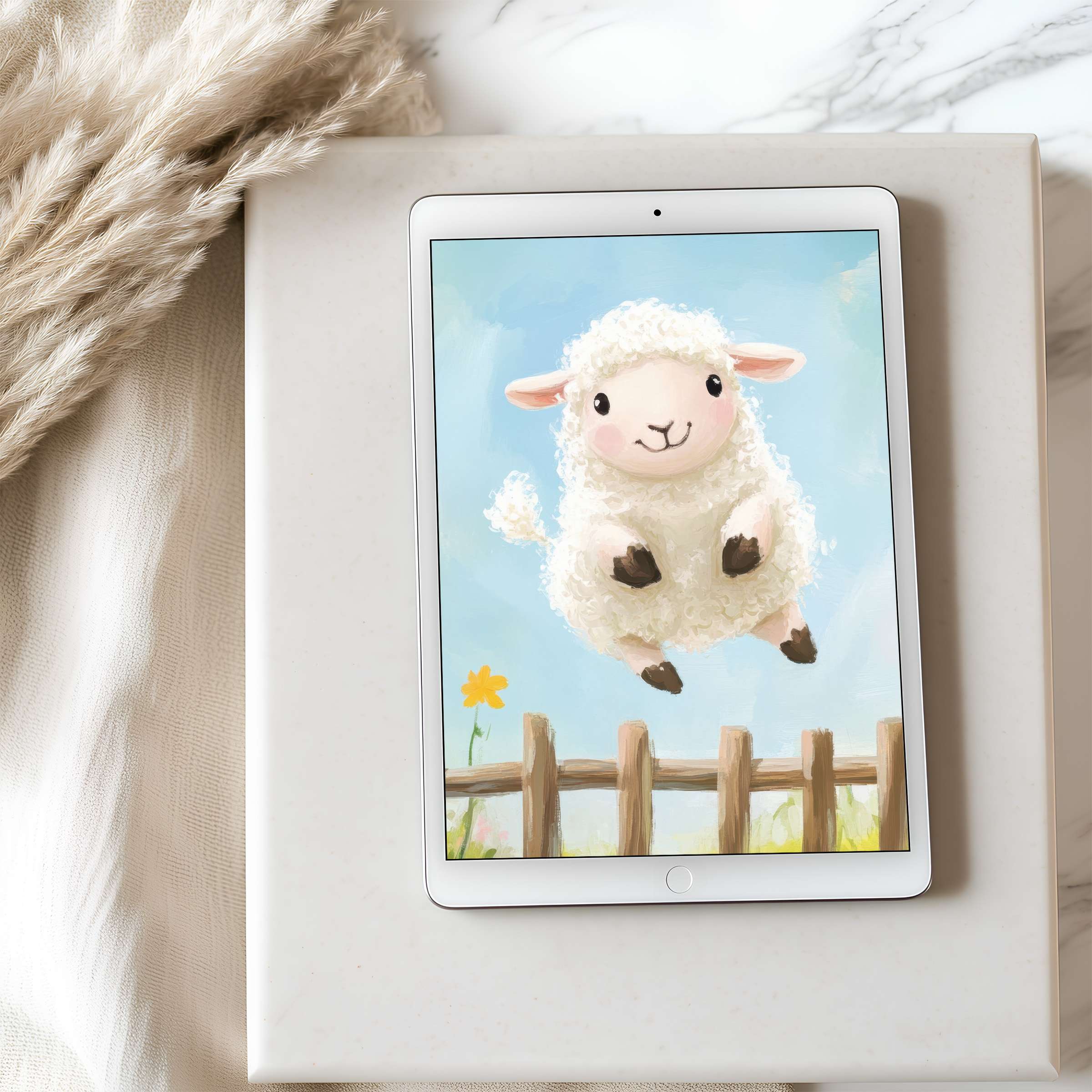 Curated high-resolution tablet wallpaper featuring a joyful lamb in soft pastels inspires calm, perfect for iPad or Android download