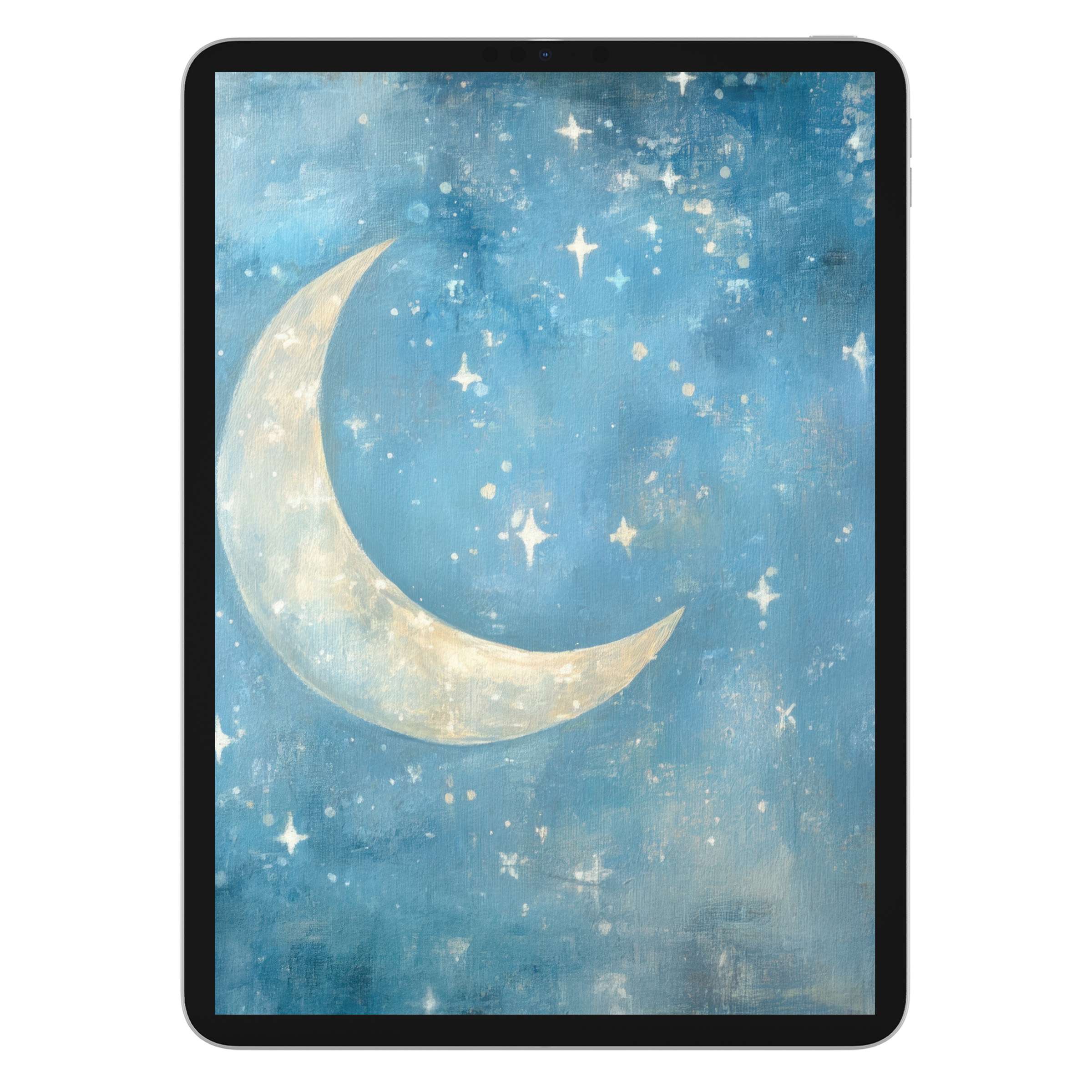 Dreamy nursery iPad wallpaper with a crescent moon and starry sky, perfect digital download for tablet use and serene background