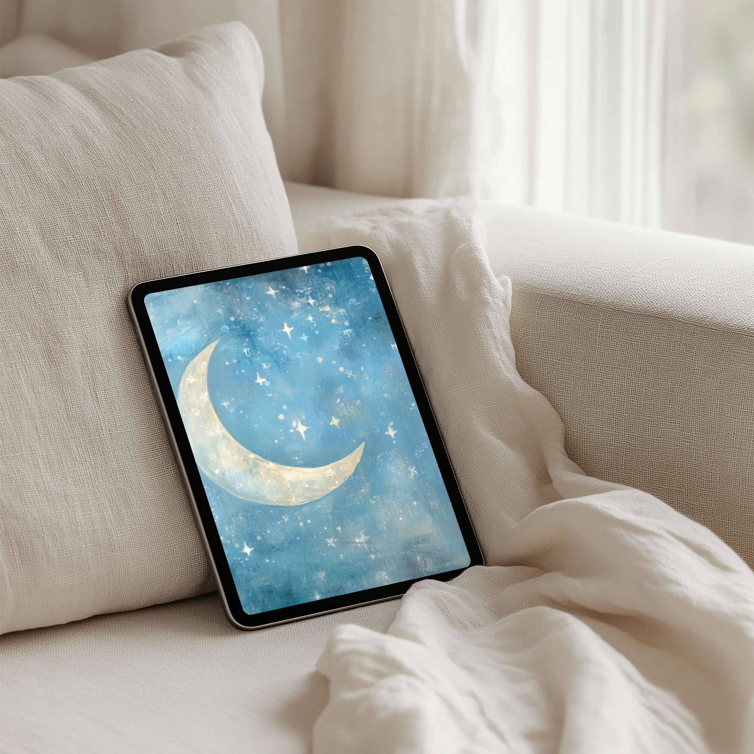 Elegant night sky design on tablet offers calm iPad background for instant download inspiring peaceful, mindful ambiance