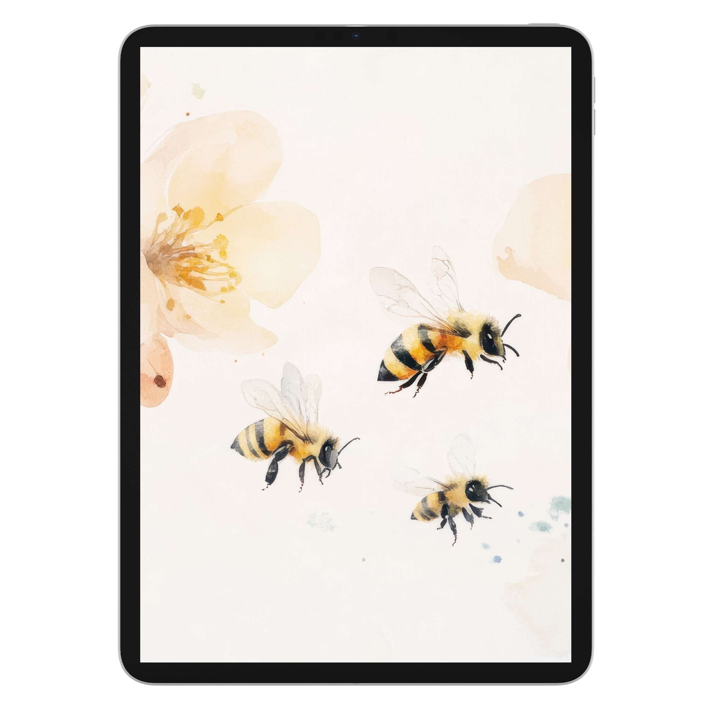 Gentle watercolor bees and flowers create a serene, sustainable nursery iPad wallpaper, a digital download for any tablet background
