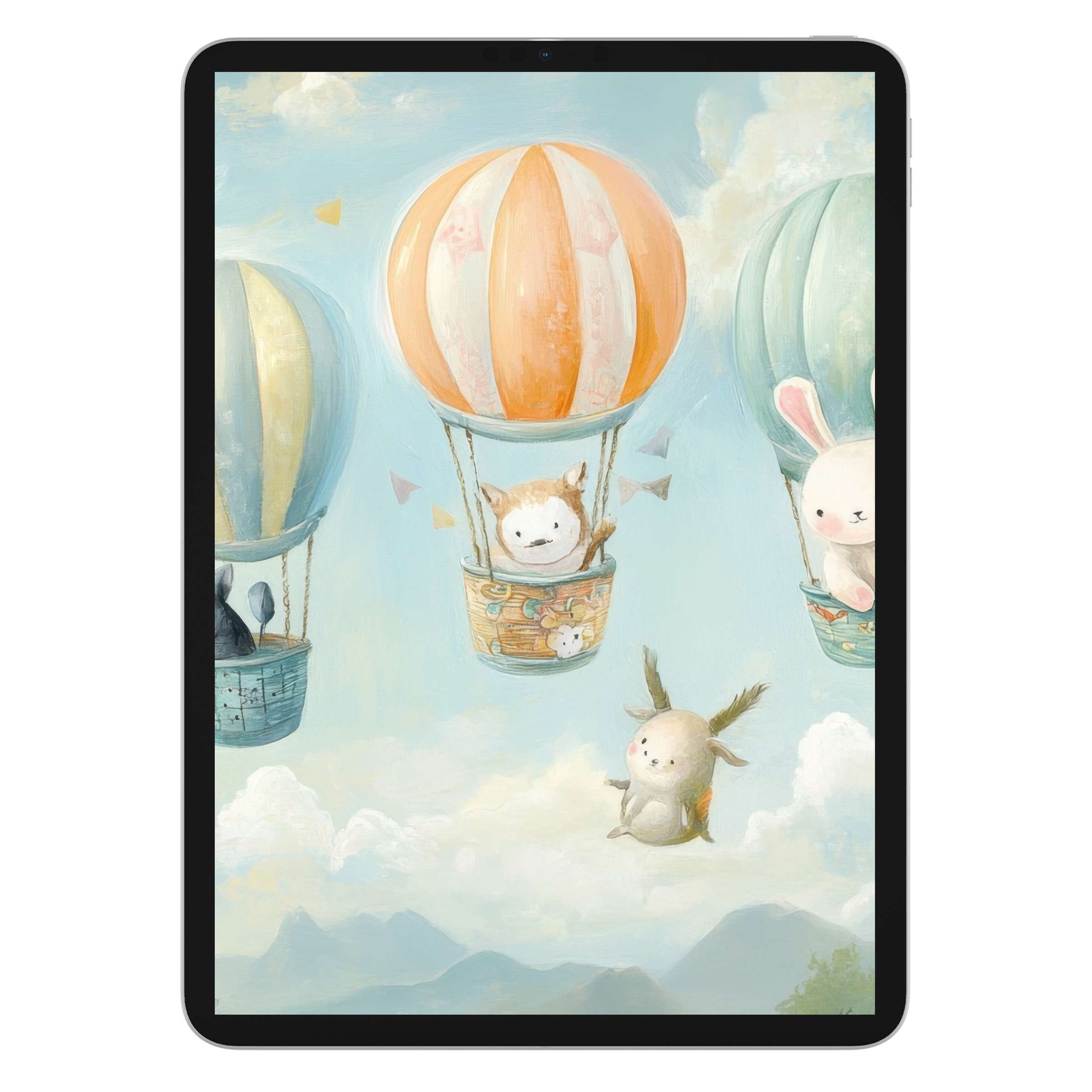 Whimsical nursery iPad wallpaper featuring soft pastel hot air balloons in a serene sky, perfect tablet background digital download