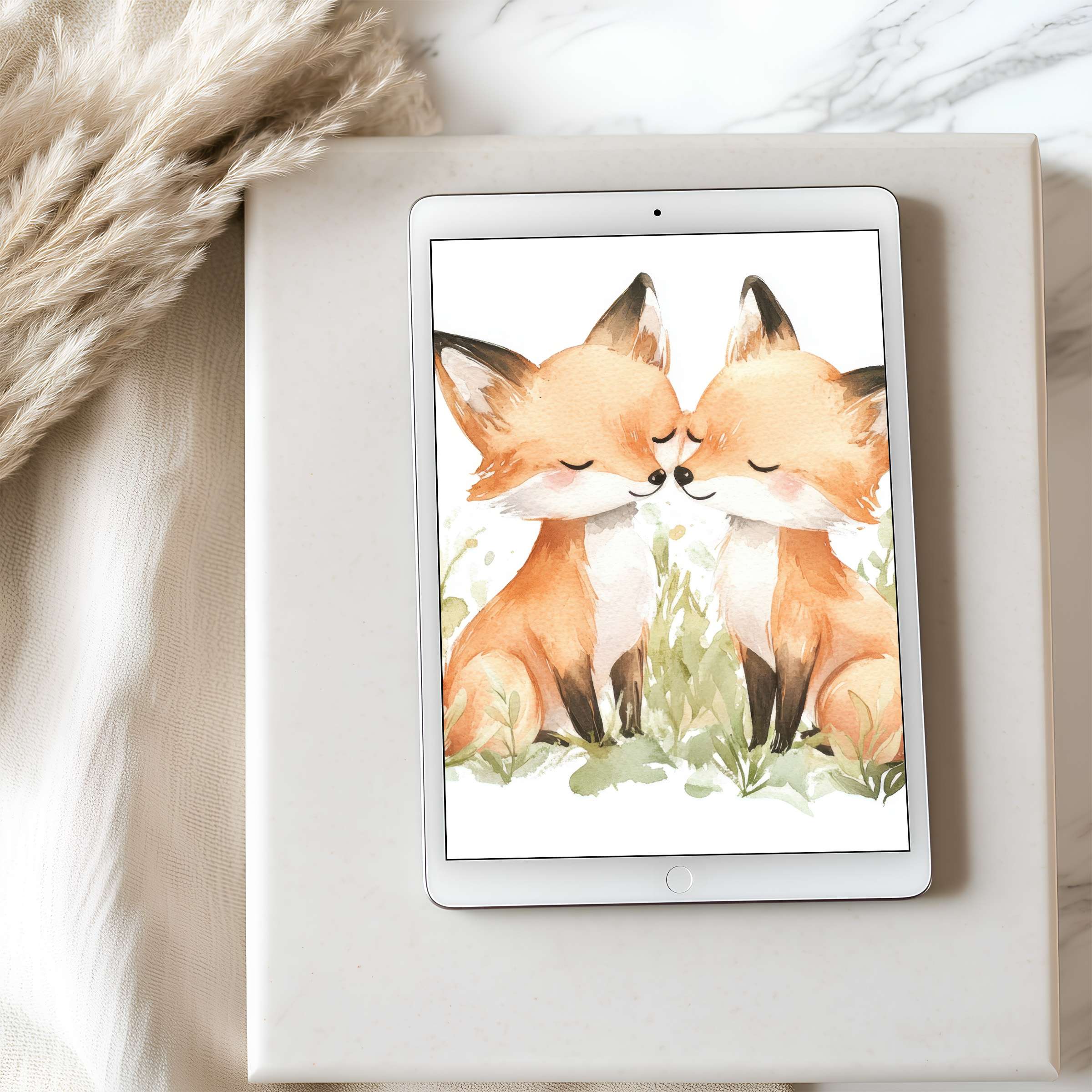 Elegant watercolor foxes in serene embrace, perfect tablet wallpaper for iPad or Android, digital download for calm interiors