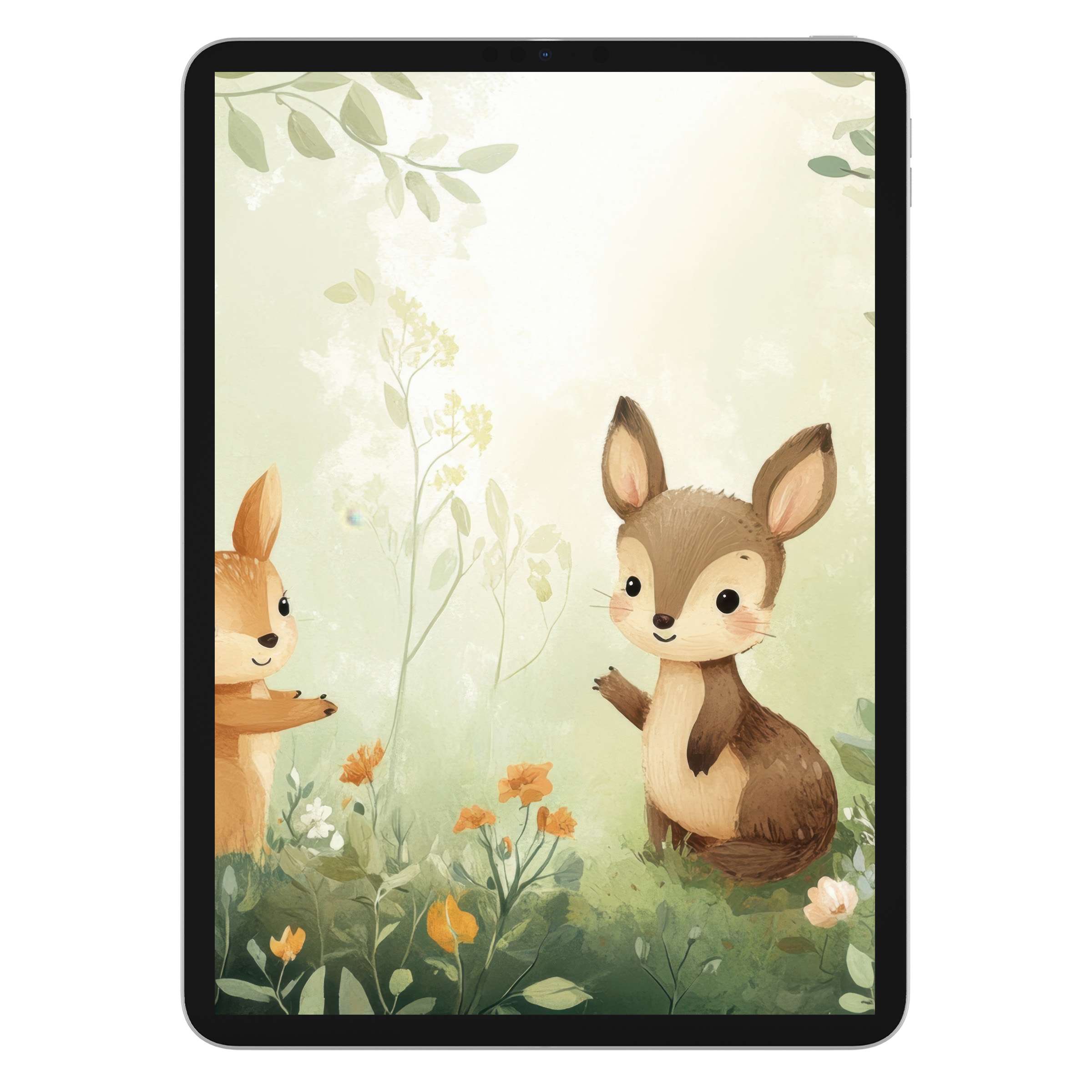 Whimsical nursery iPad wallpaper featuring playful woodland animals on a watercolor background perfect for tablet digital download