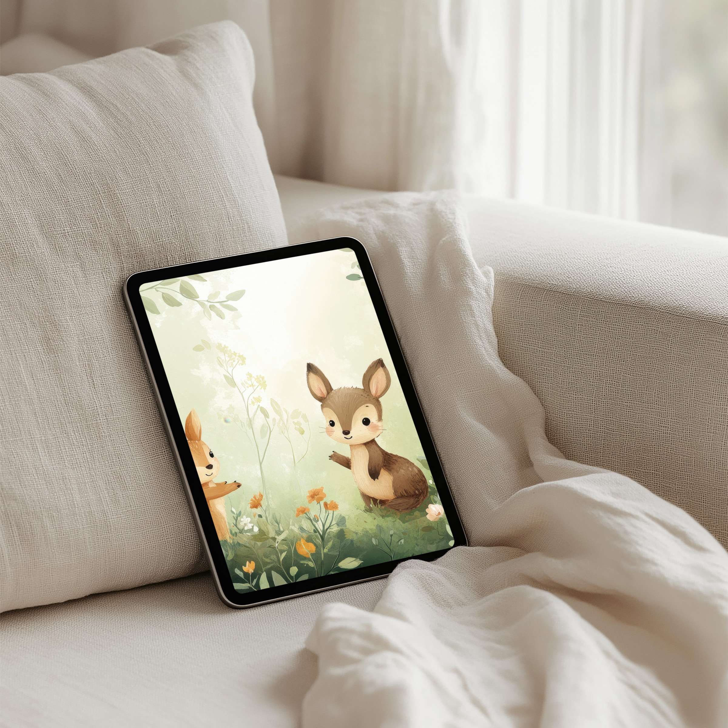 Whimsical woodland iPad background with playful animals offers calm inspiration for any tablet instant download and elegance