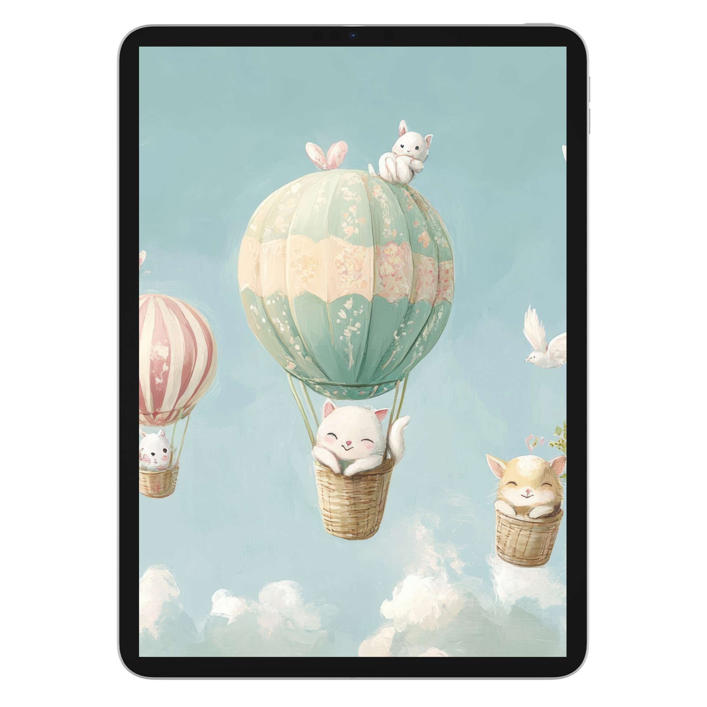 Whimsical nursery iPad wallpaper featuring pastel hot air balloons with cute animals, perfect digital download background for tablets