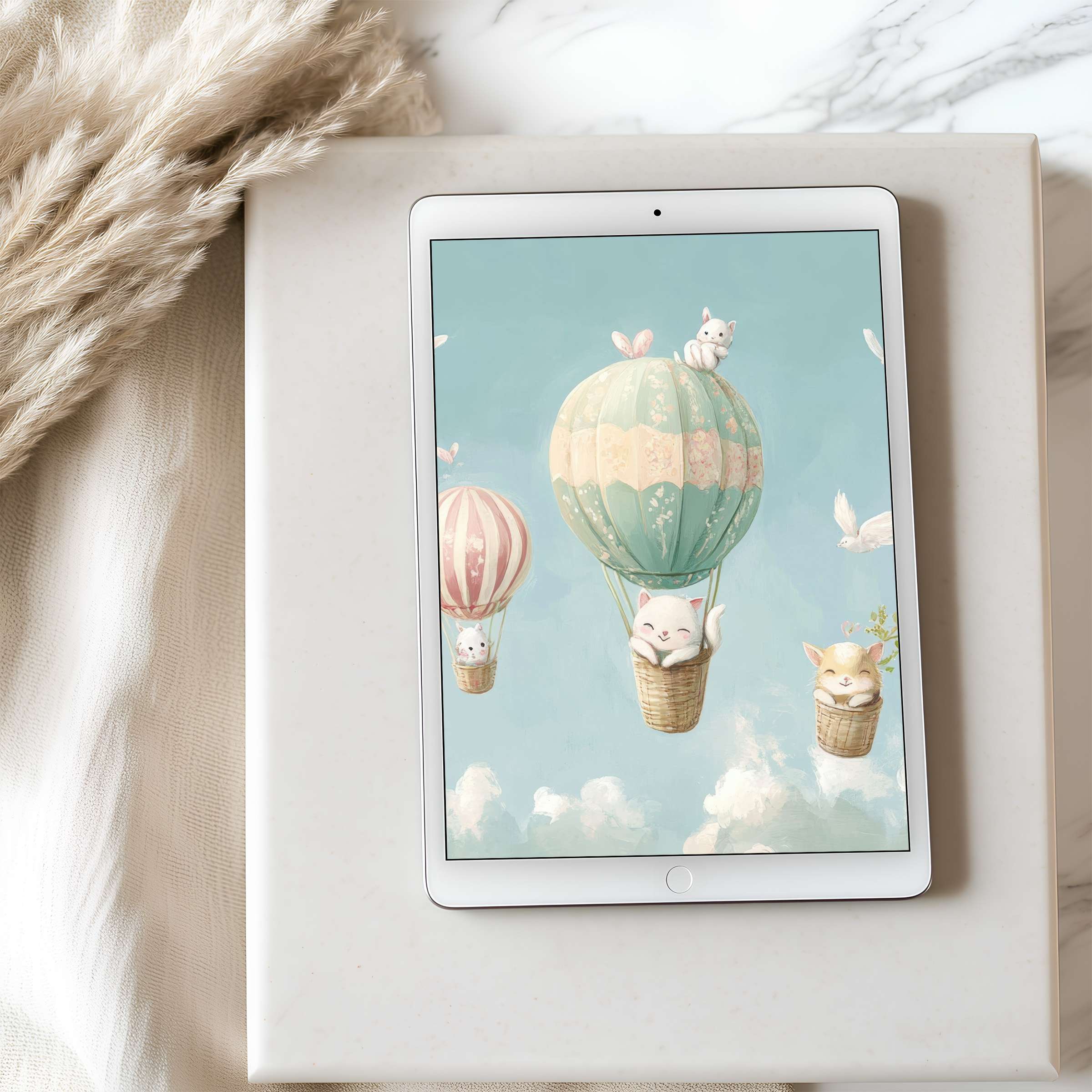 Whimsical pastel hot air balloons with playful animals grace this tablet wallpaper perfect for high resolution iPad screens and Android devices