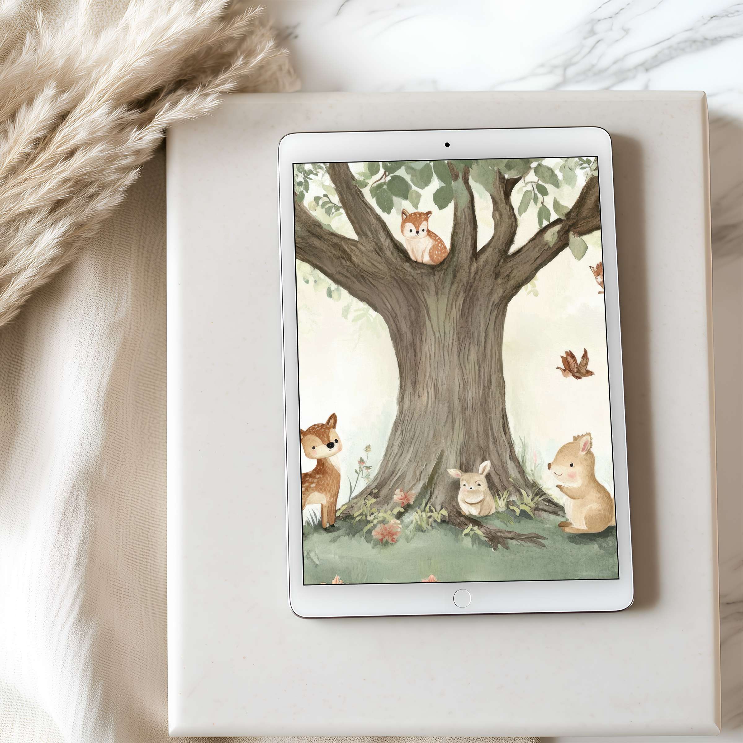 Elegant tablet wallpaper featuring a woodland motif with pastel animals around a tree suitable for iPad digital download
