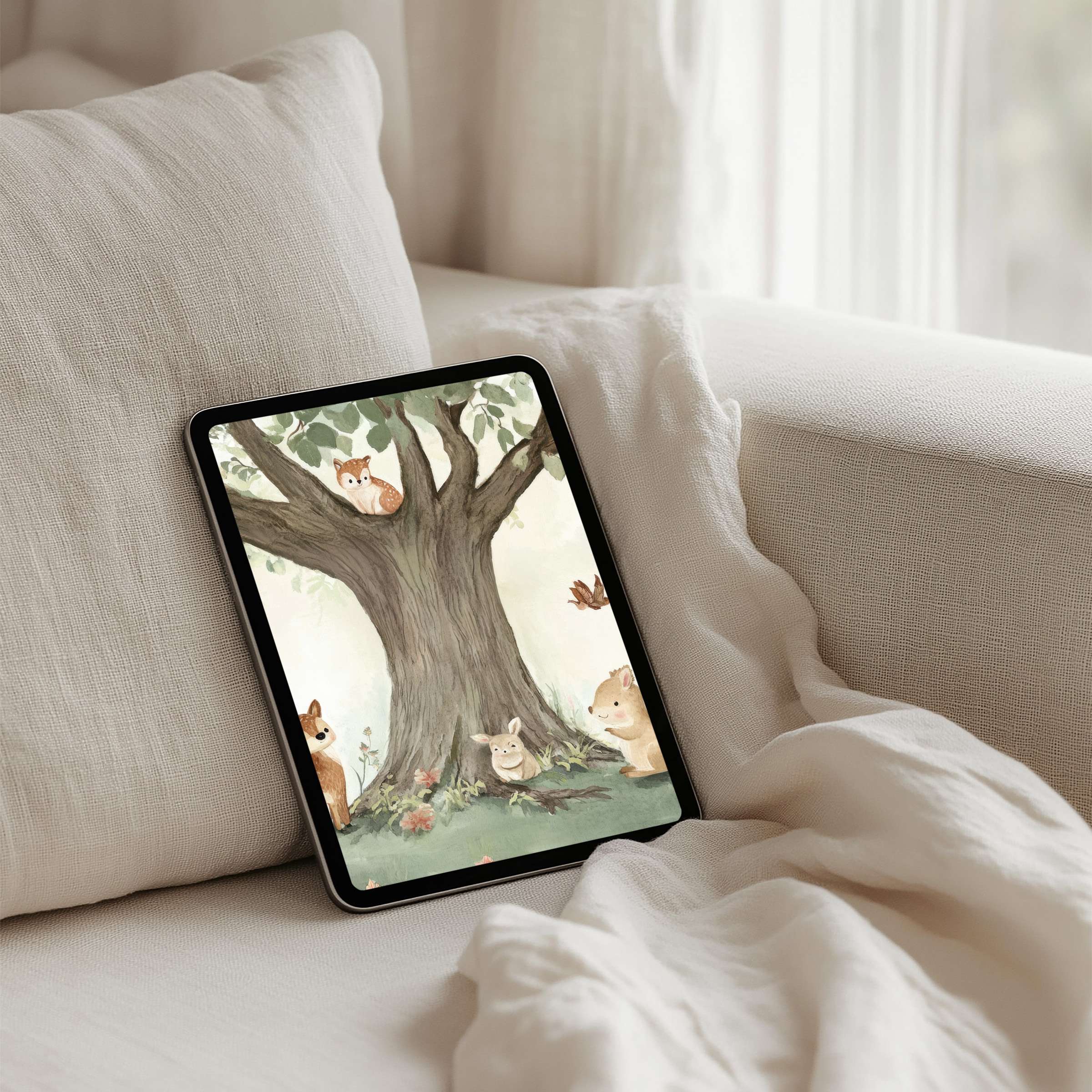 Charming watercolor forest scene for iPad background inspires calm elegance, perfect for tablet instant download and peaceful mindfulness