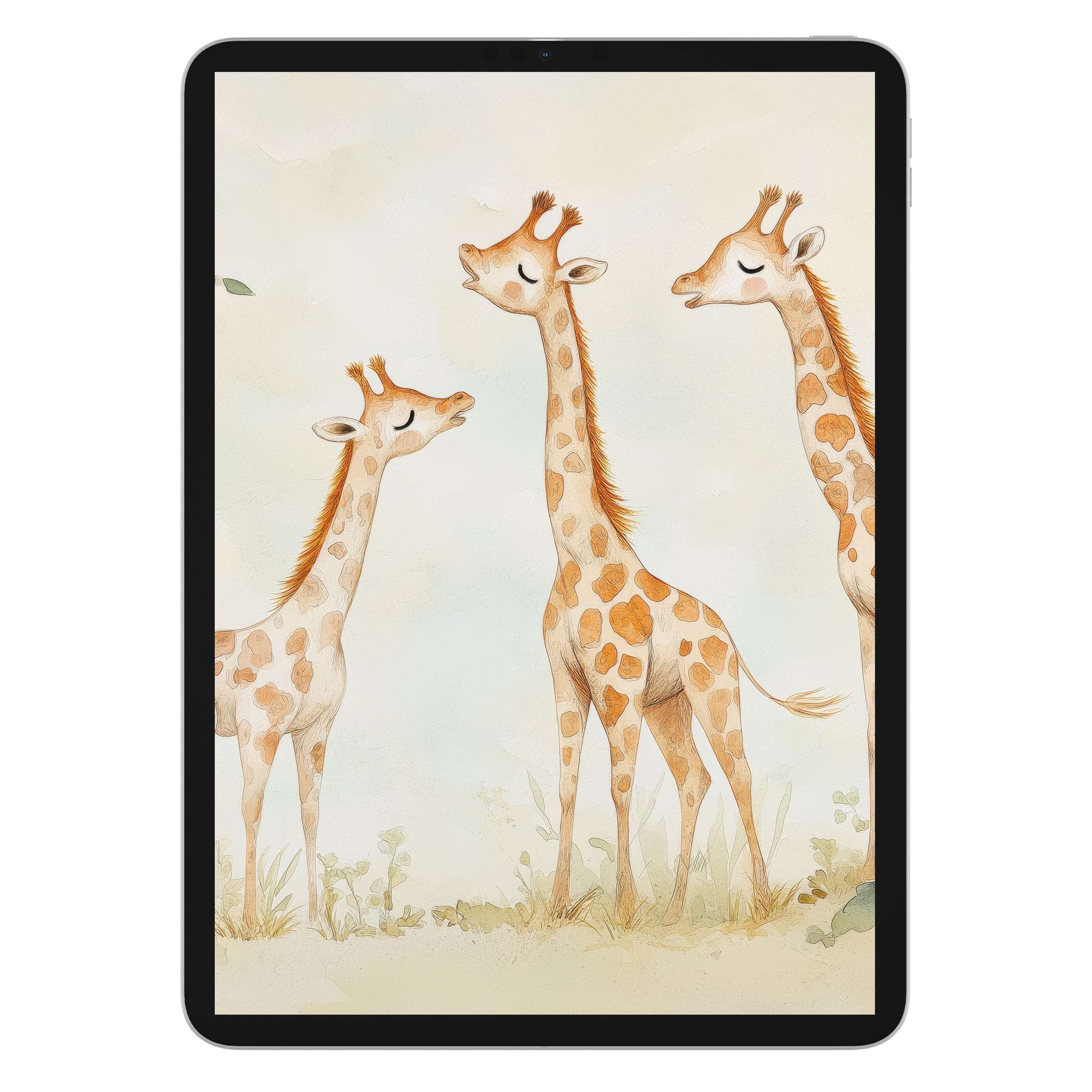 Gentle giraffes grace this nursery iPad wallpaper with soft pastels in watercolor style, perfect digital download for tablet background