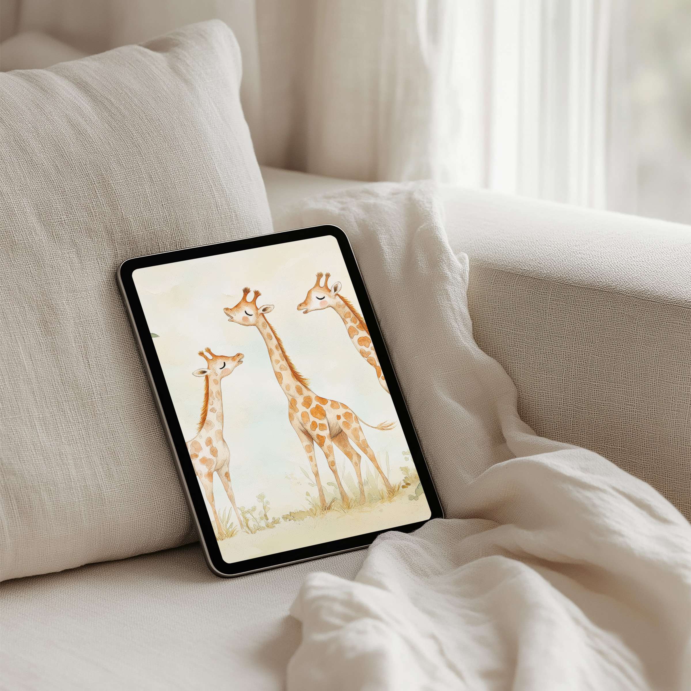 Whimsical giraffes in serene watercolor art iPad background offers calming elegance for tablet users seeking instant download serenity