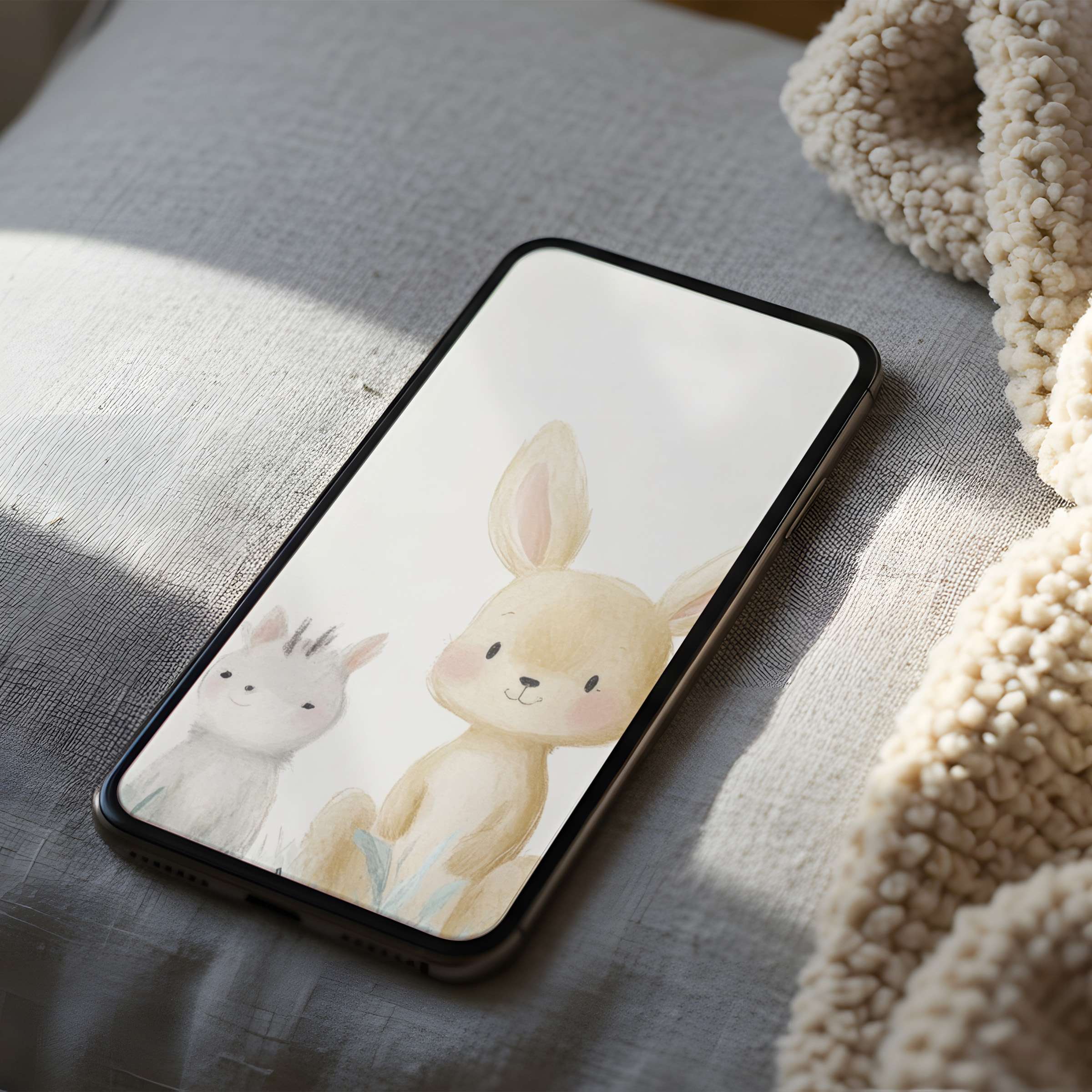Charming animal illustration phone wallpaper, featuring soft pastel bunnies, perfect for iPhone and Android high resolution digital download