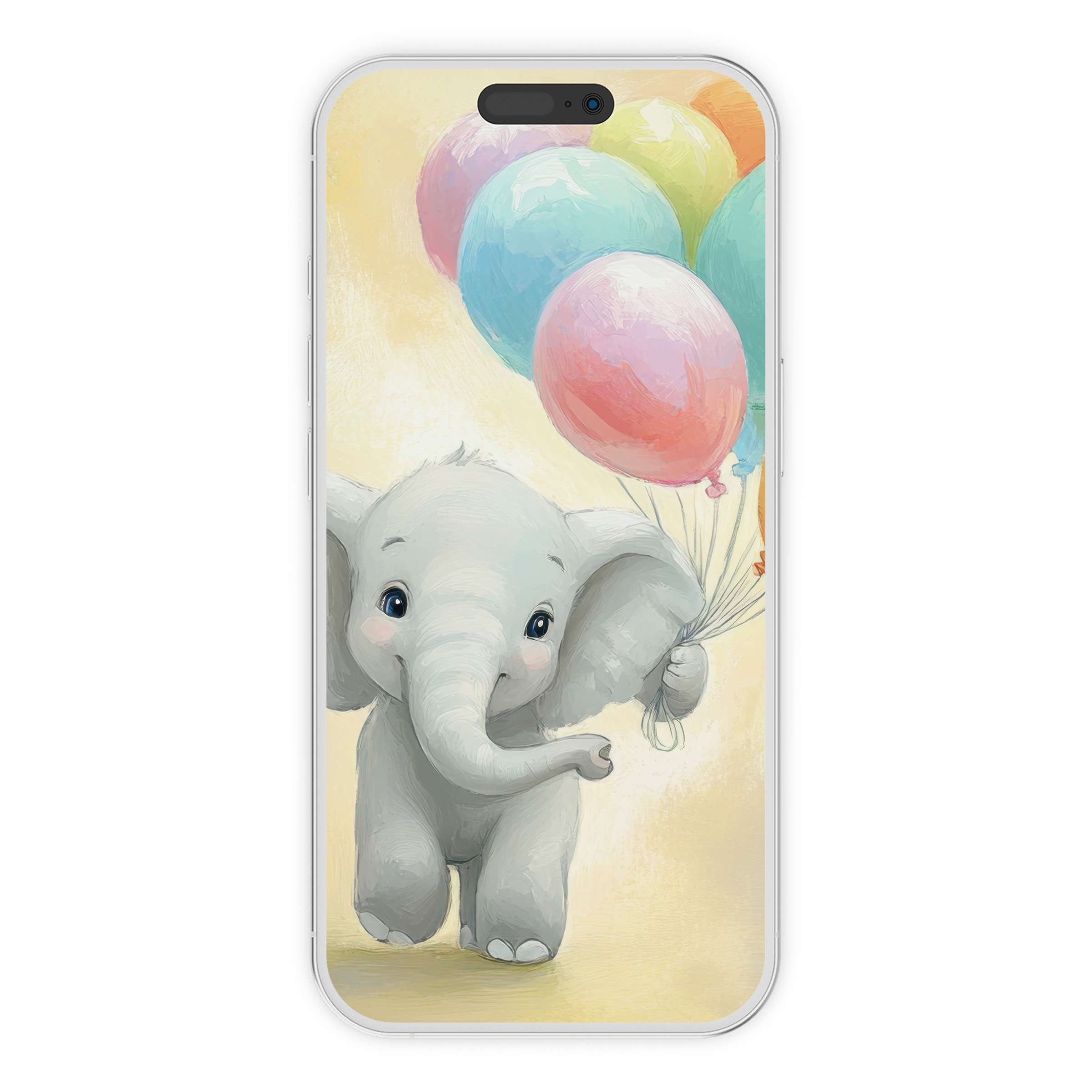 Charming nursery iPhone wallpaper featuring a gentle elephant with pastel balloons on a soothing phone background digital download available