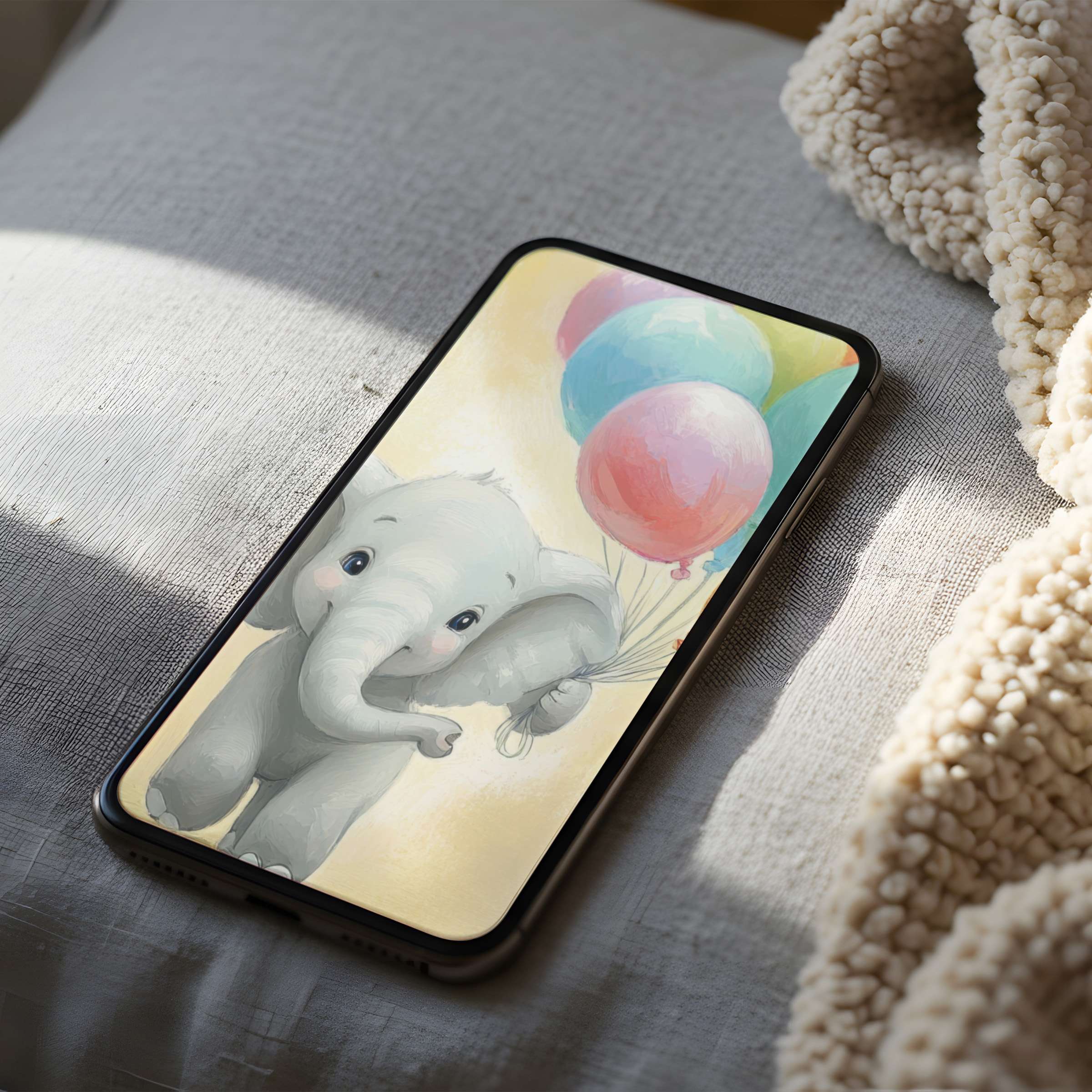 Charming elephant with balloons phone wallpaper offers soothing pastel tones for iPhone and Android users perfect for digital download