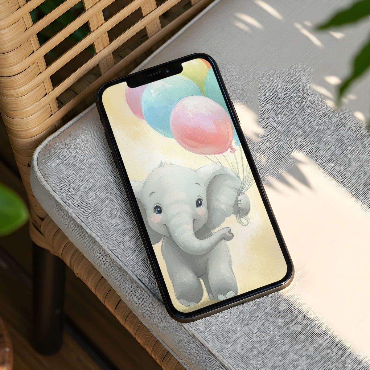 Charming elephant with pastel balloons on textured iPhone background offers instant download for phone elegance and mindfulness