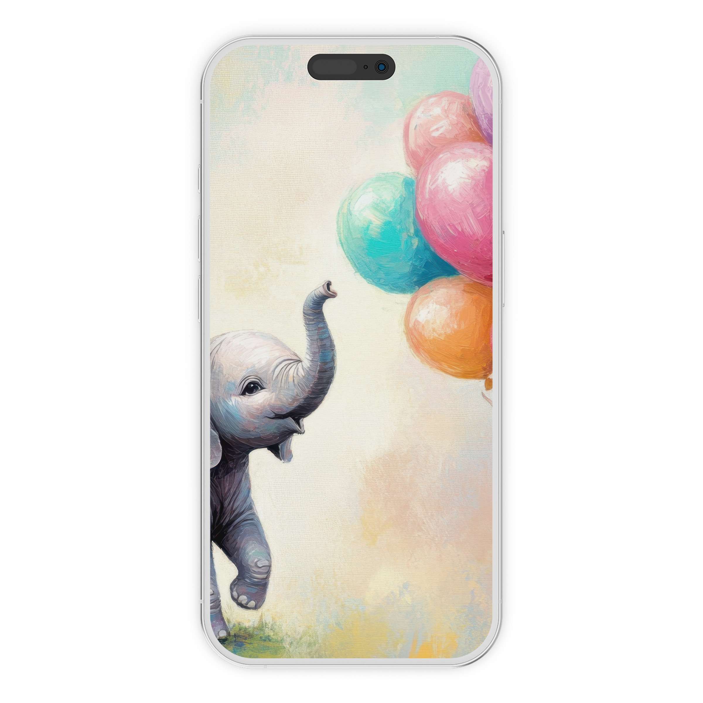 Adorable elephant with colorful balloons in a soft pastel design, perfect nursery iPhone wallpaper and phone background digital download