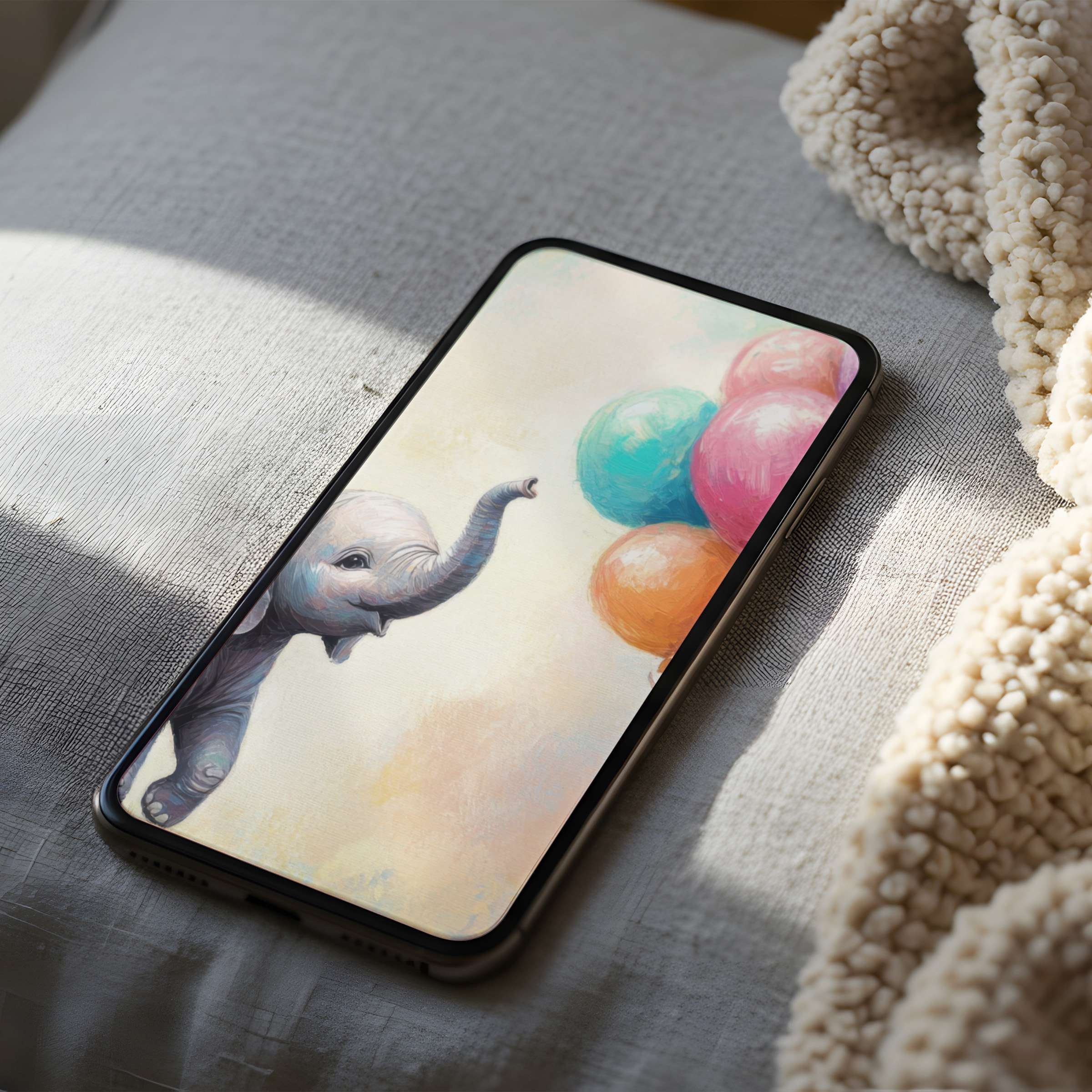 Inspire calm with this curated phone wallpaper featuring a playful elephant and balloons, perfect for iPhone and Android download